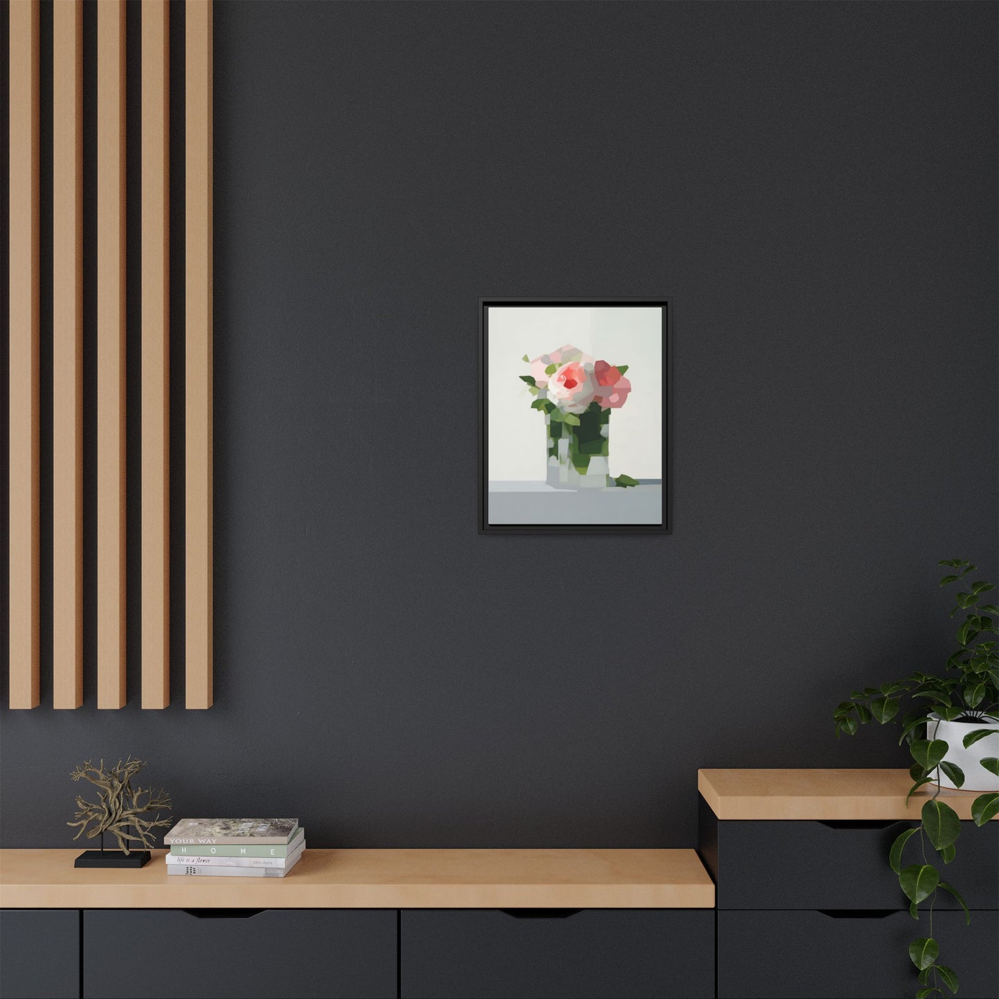 Framed Floral Canvas Print — Modern Pink Roses Still Life