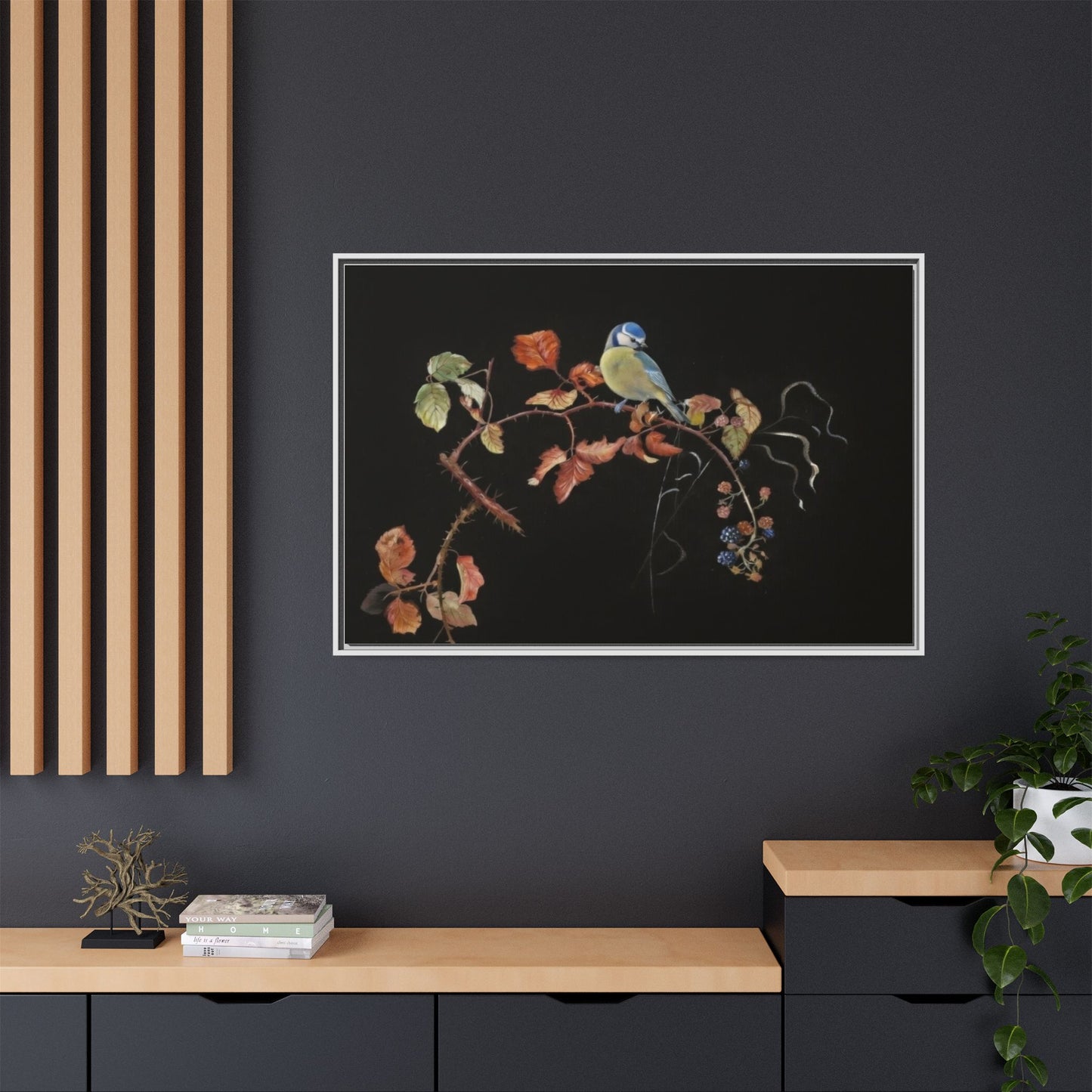 Framed Matte Canvas - Blue Tit on Autumn Branch Wall Art