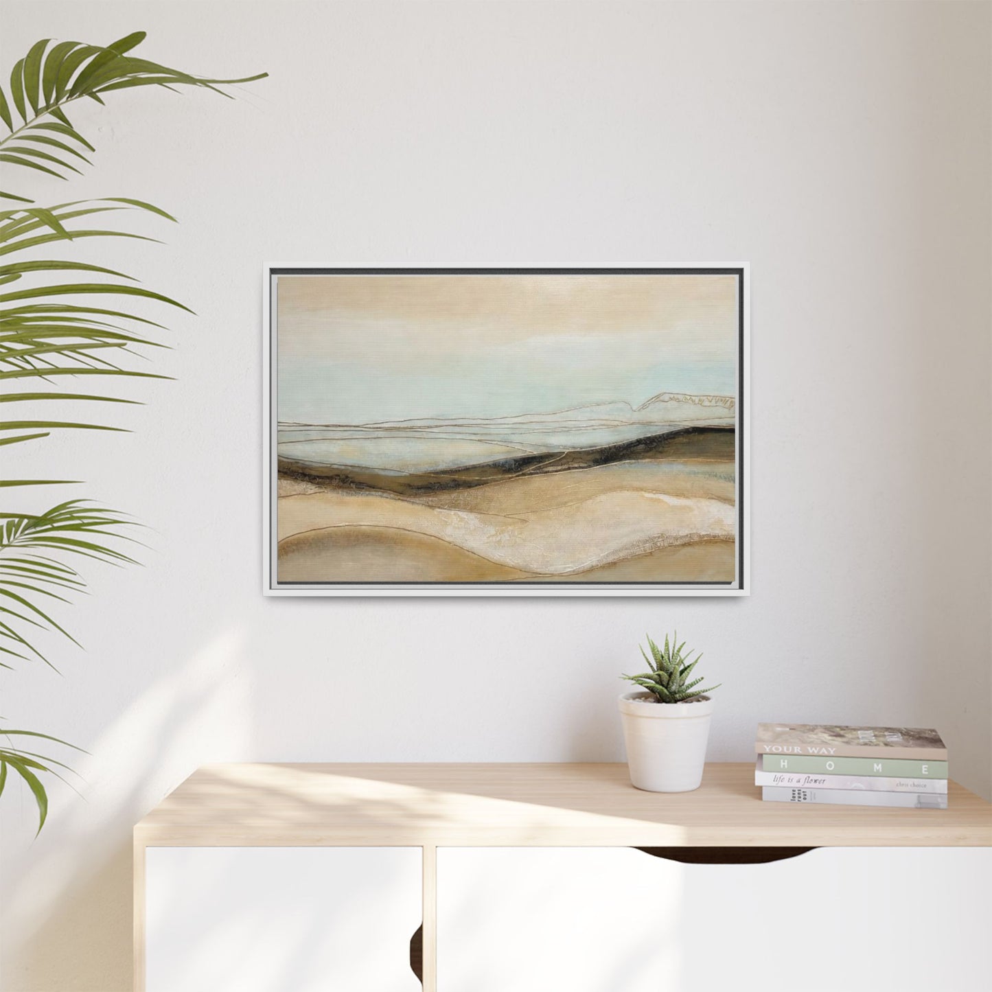 Framed Matte Canvas Wall Art — Neutral Abstract Landscape in Soft Blues & Earth Tones