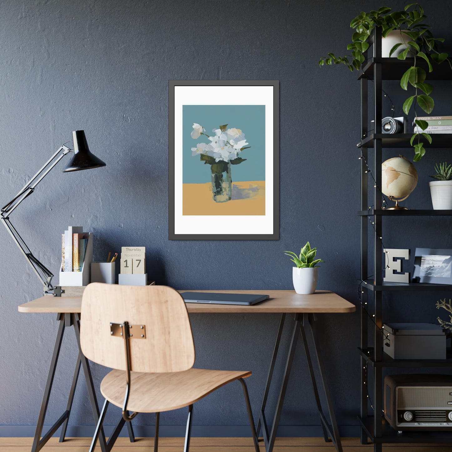 Framed Floral Poster - Modern White Blossoms in Vase Wall Art