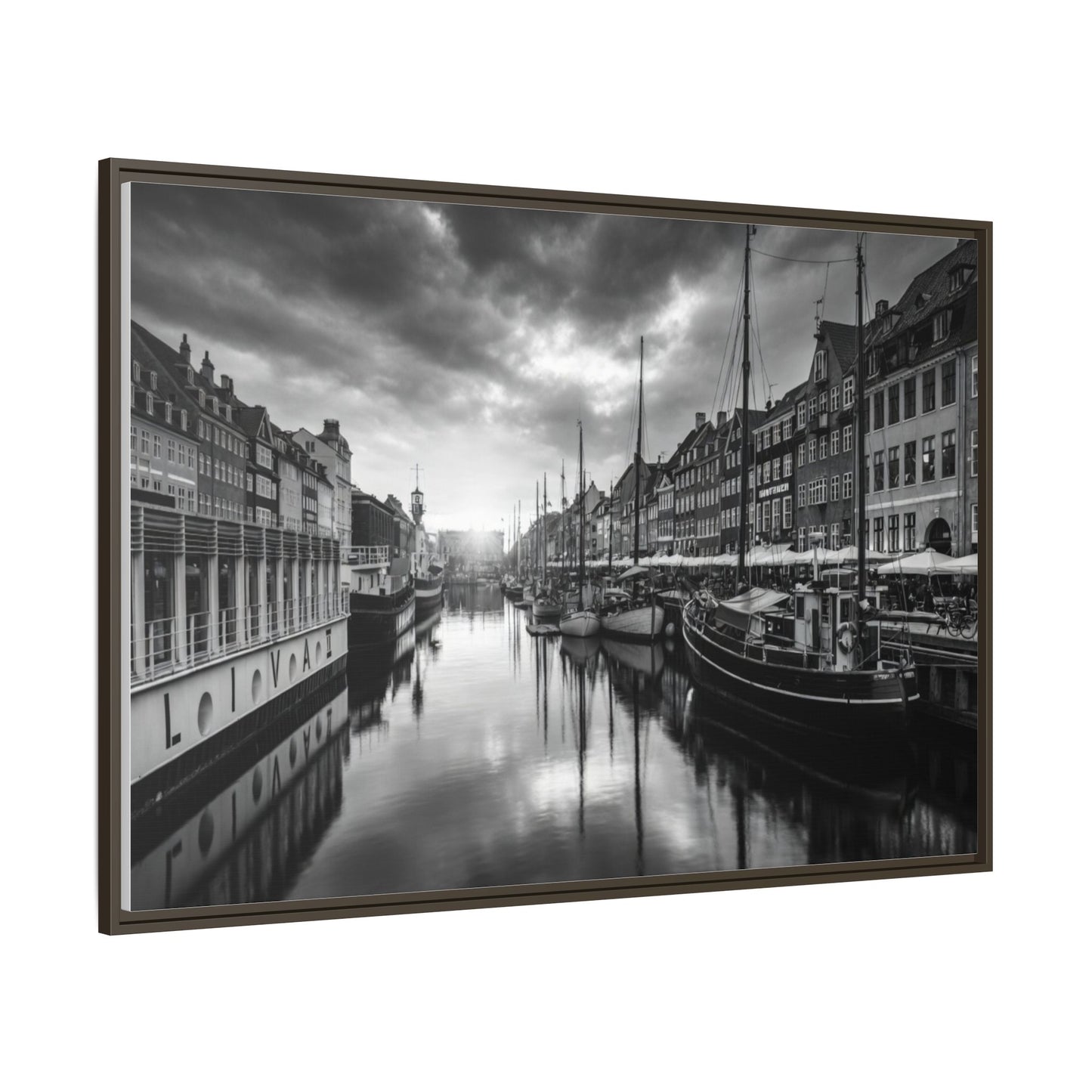 Framed Matte Canvas: Black & White Dutch Canal Photography Wall Art