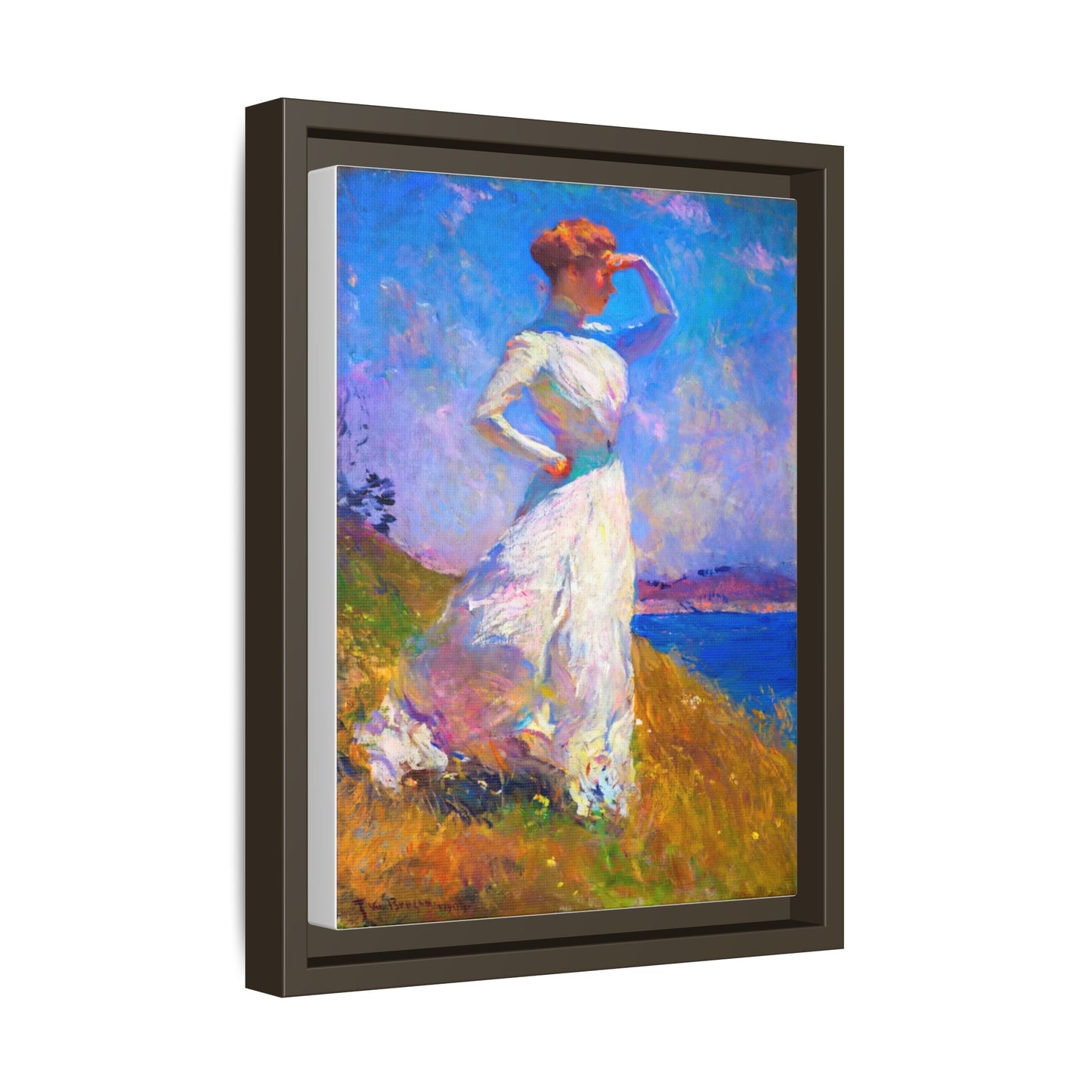 Framed Matte Canvas Art - Woman in White Seaside Impressionist Print