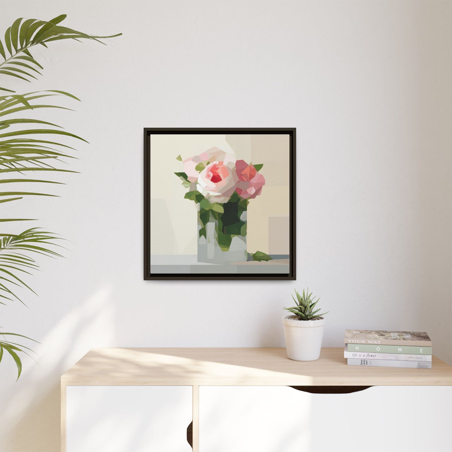 Framed Floral Canvas Print — Geometric Pink Rose Wall Art