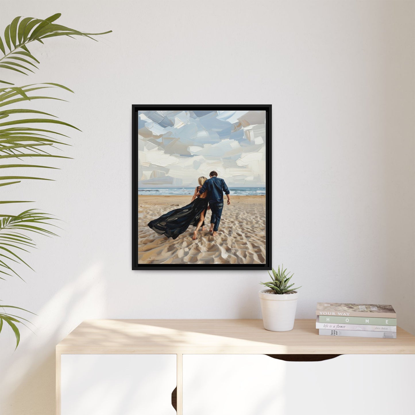 Framed Canvas Wall Art — Romantic Couple Walking on Beach Print