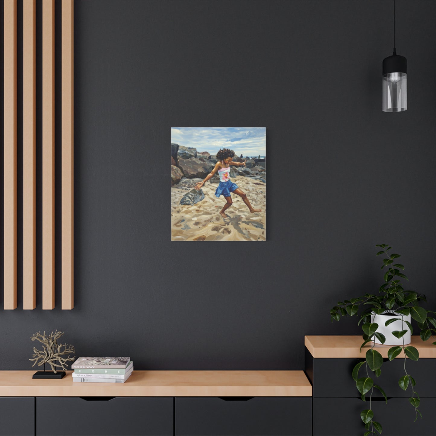 Beach Joy Canvas Print — Child Playing on Sand Stretched Matte Wall Art