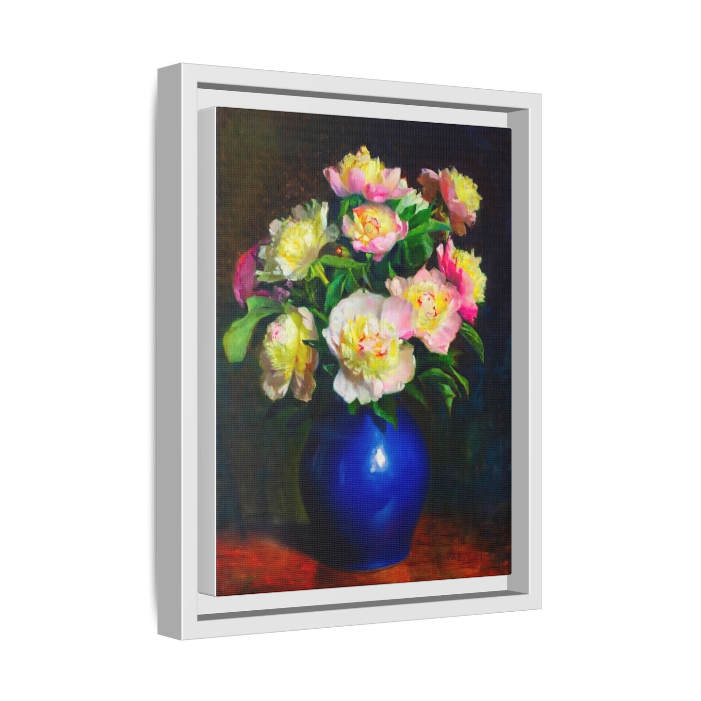 Framed Matte Canvas Wall Art — Vintage Floral Bouquet in Blue Vase