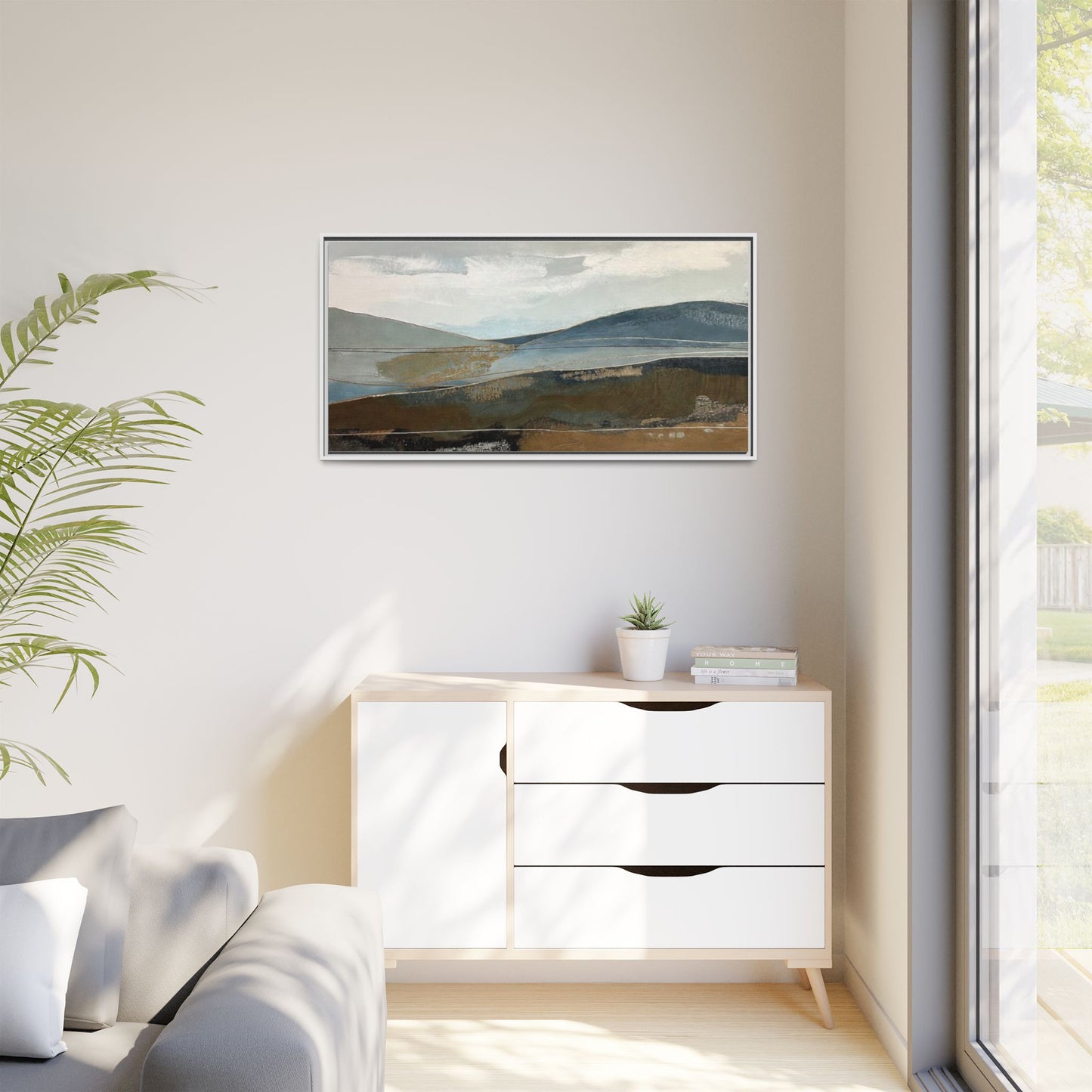 Framed Matte Canvas Landscape Art - Serene Abstract Hills in Blue & Earth Tones