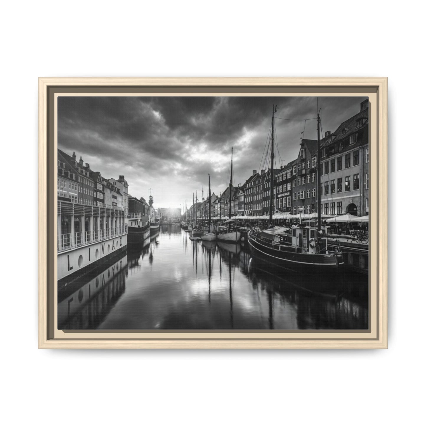 Framed Matte Canvas: Black & White Dutch Canal Photography Wall Art