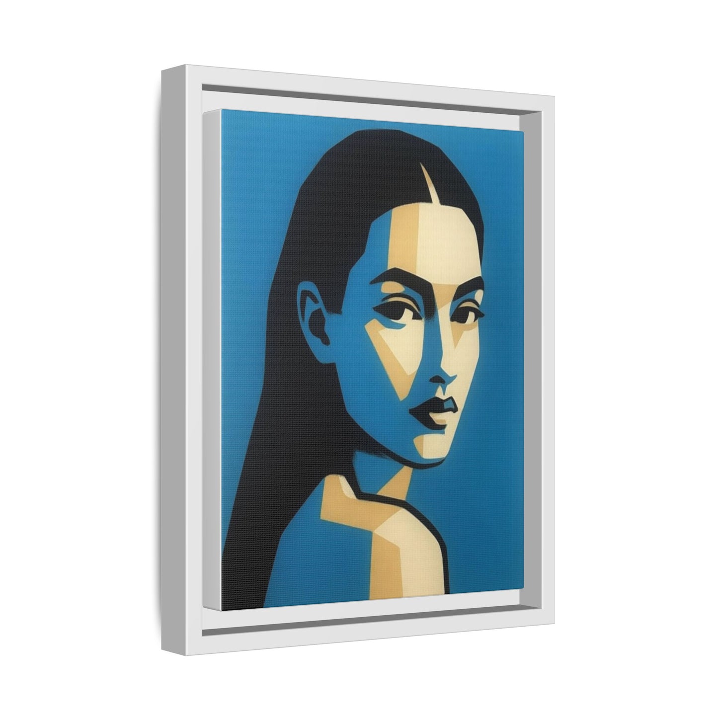 Framed Pop Art Portrait Canvas — Blue Geometric Woman Print