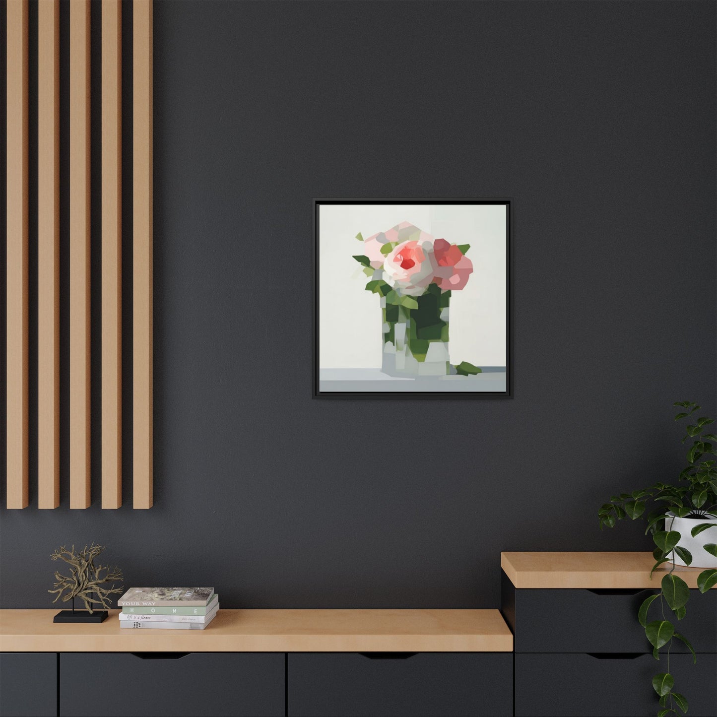 Framed Floral Canvas Print — Modern Pink Roses Still Life