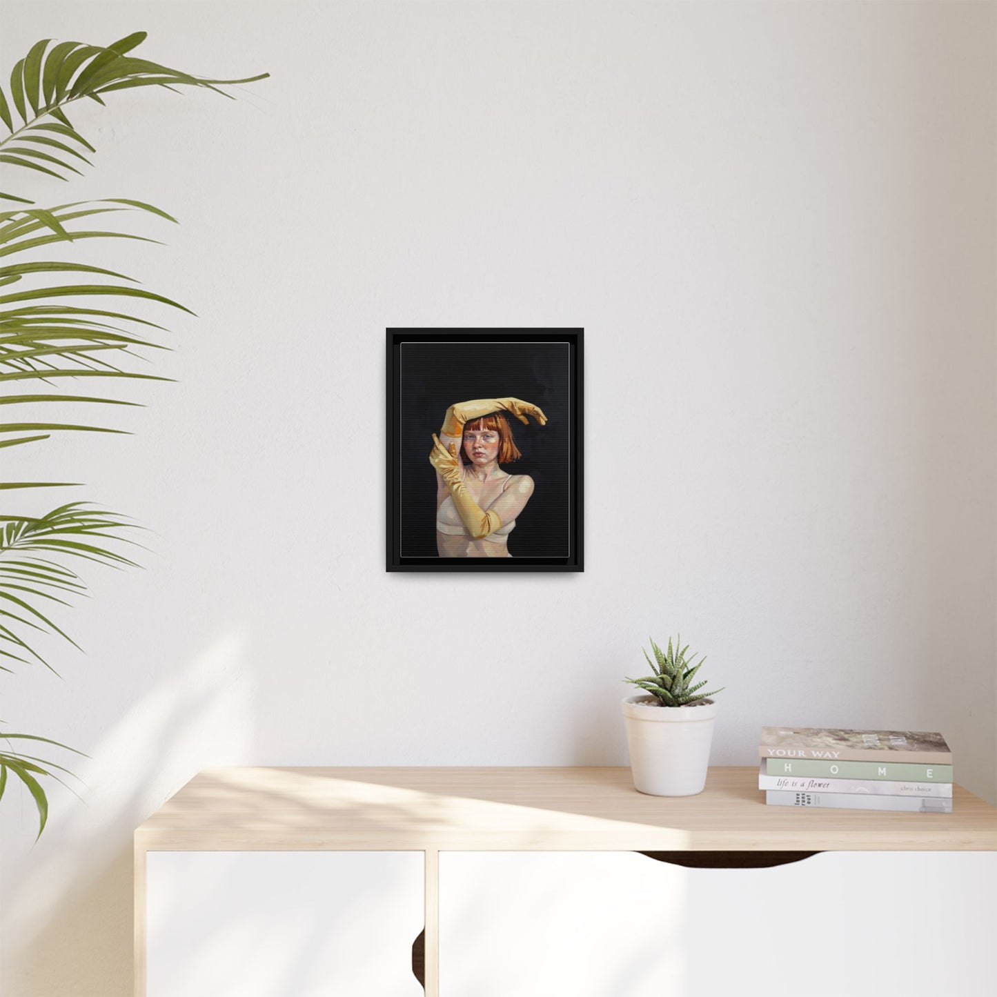 Framed Matte Canvas Art – Portrait of Woman in Yellow Gloves