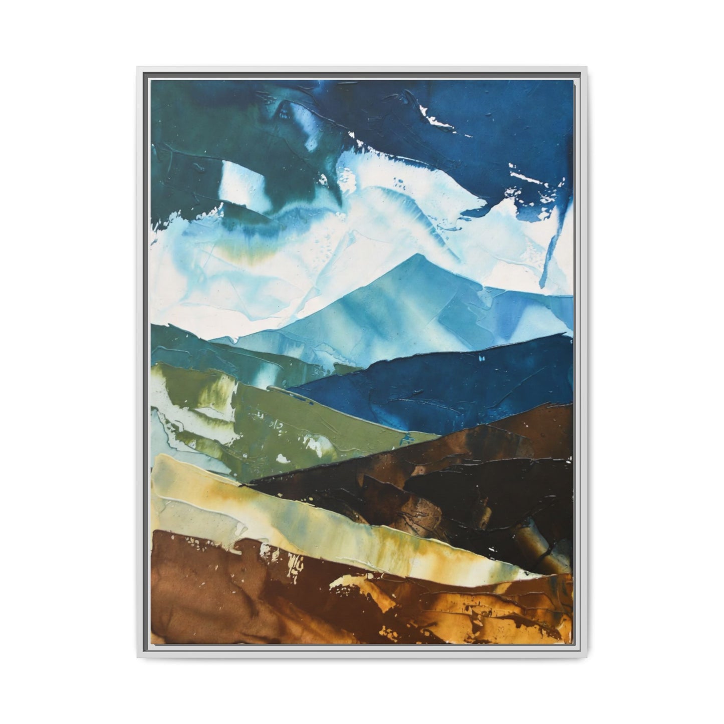 Framed Abstract Mountain Canvas Art — Blue & Earthtone Landscape Print