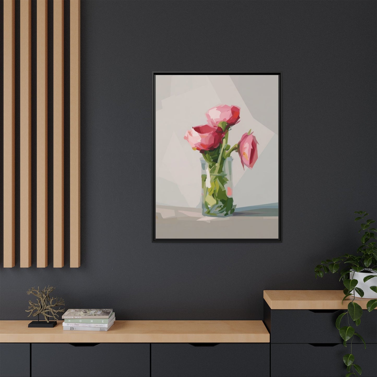 Framed Canvas Art — Pink Roses in Vase, Modern Floral Wall Print
