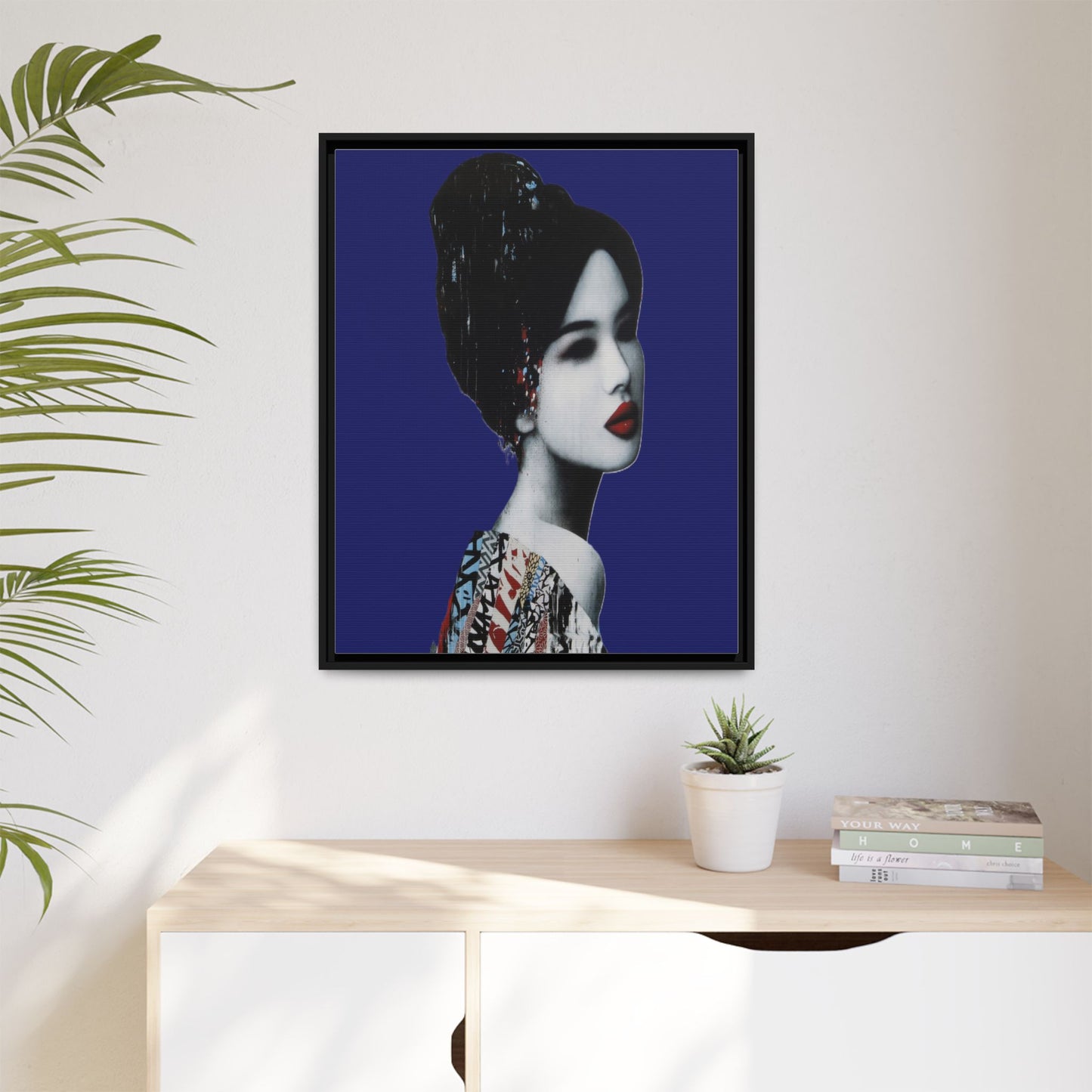 Framed Matte Canvas Art — Elegant Geisha Portrait on Deep Blue