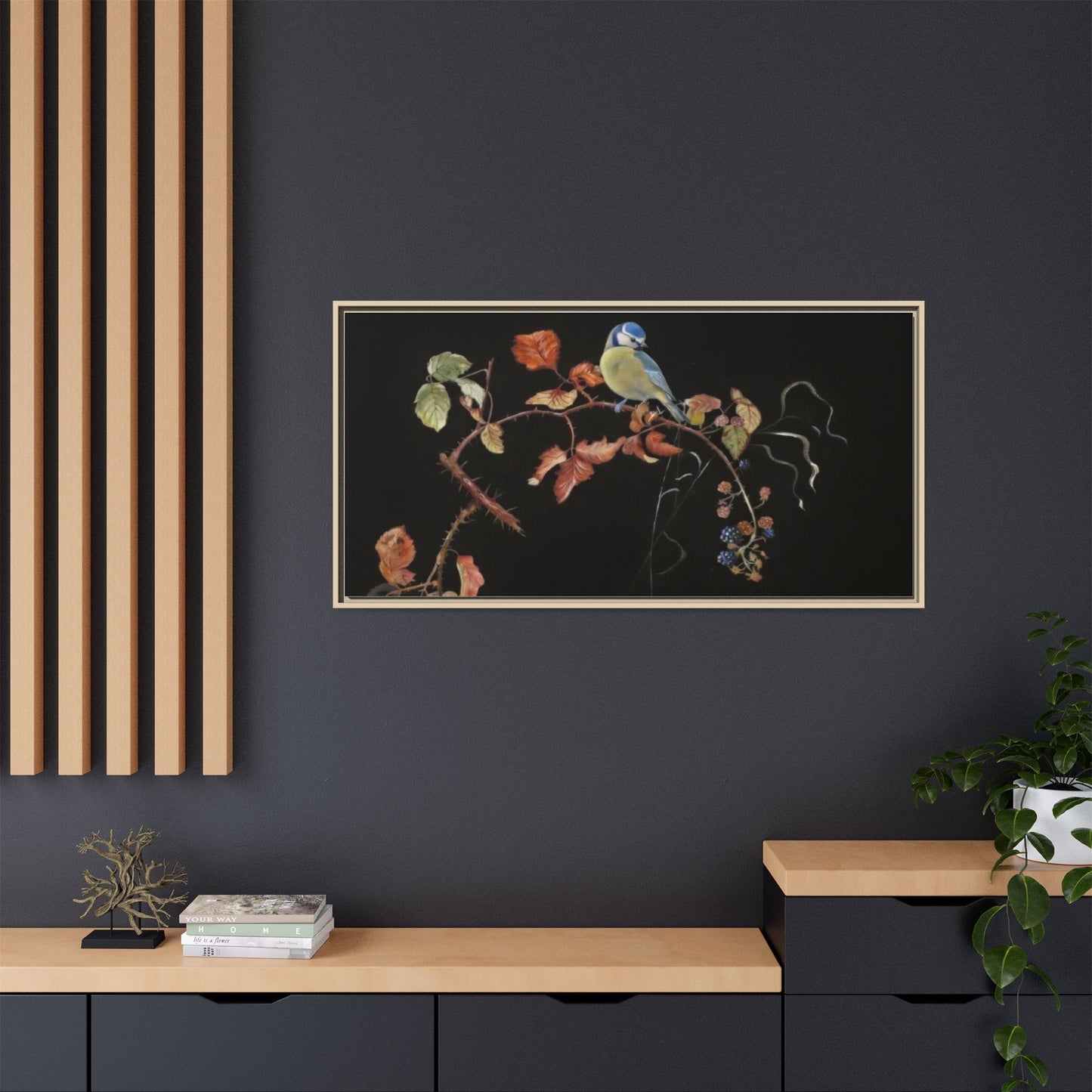 Framed Matte Canvas - Blue Tit on Autumn Branch Wall Art