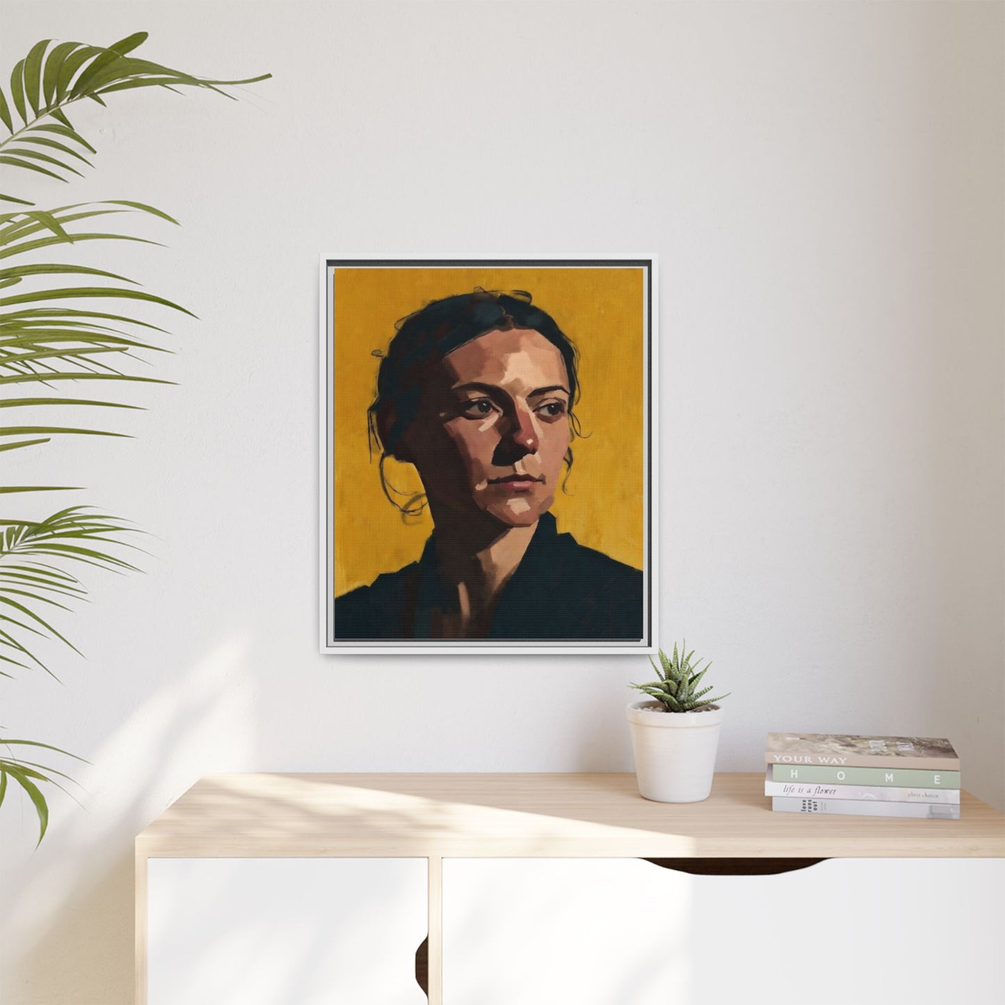 Framed Matte Canvas Portrait Art — Moody Woman on Mustard Background