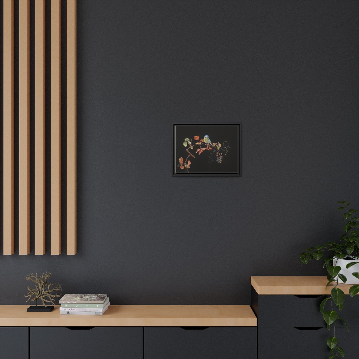 Framed Matte Canvas - Blue Tit on Autumn Branch Wall Art