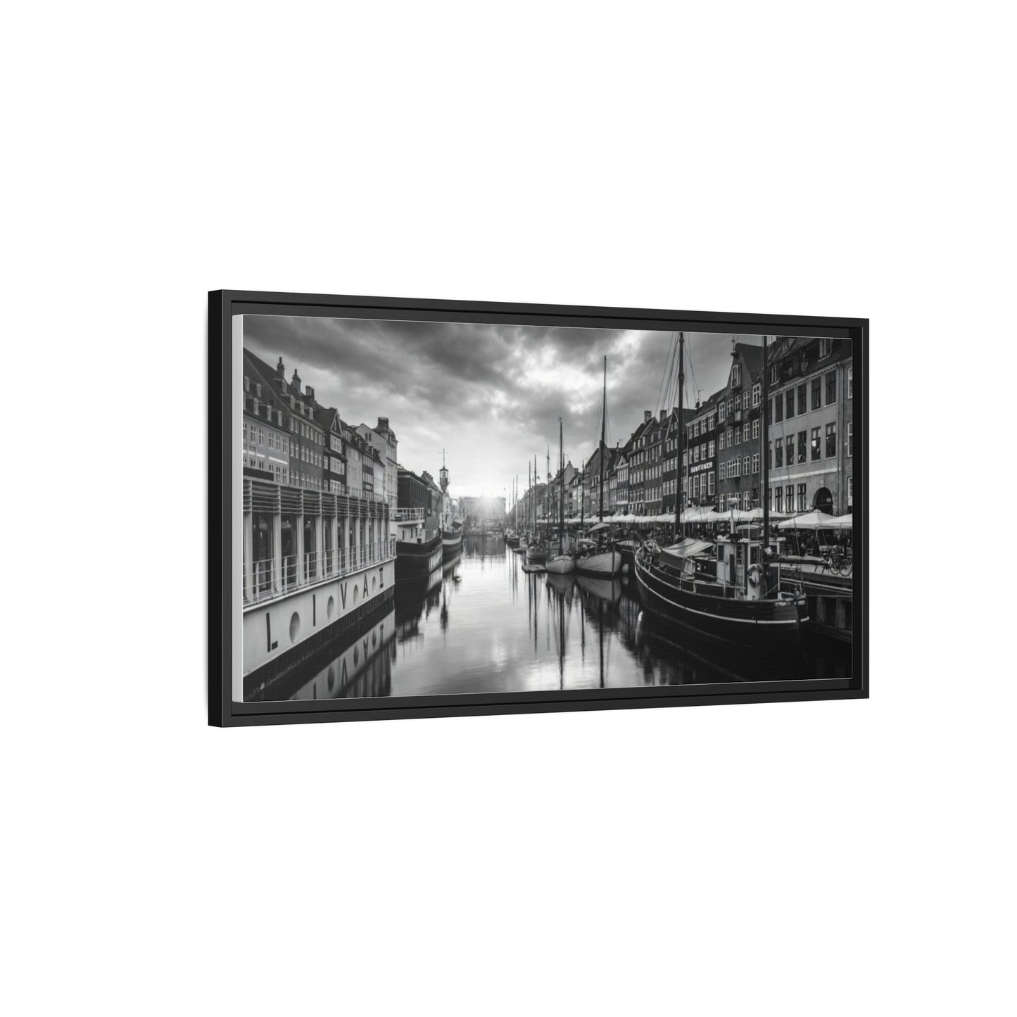 Framed Matte Canvas: Black & White Dutch Canal Photography Wall Art