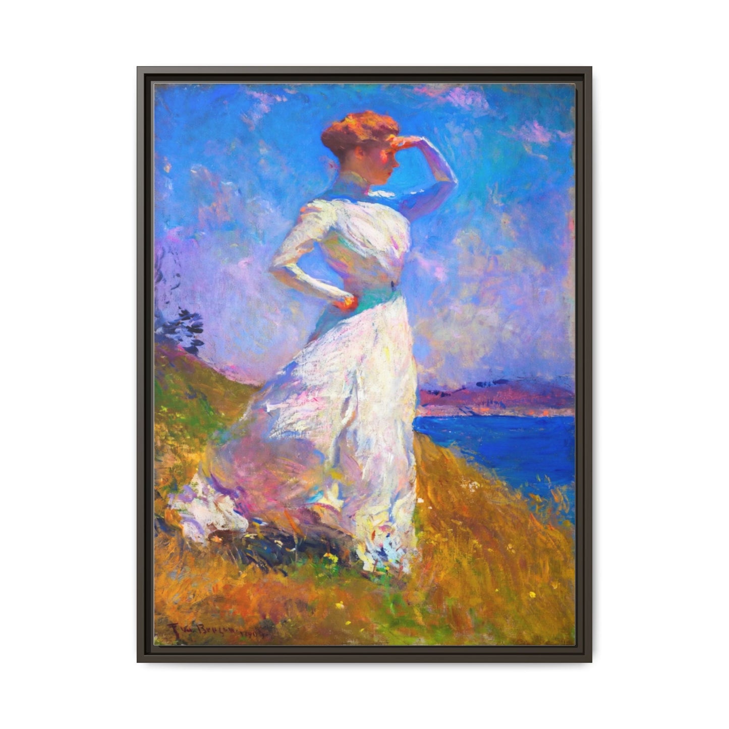 Framed Matte Canvas Art - Woman in White Seaside Impressionist Print