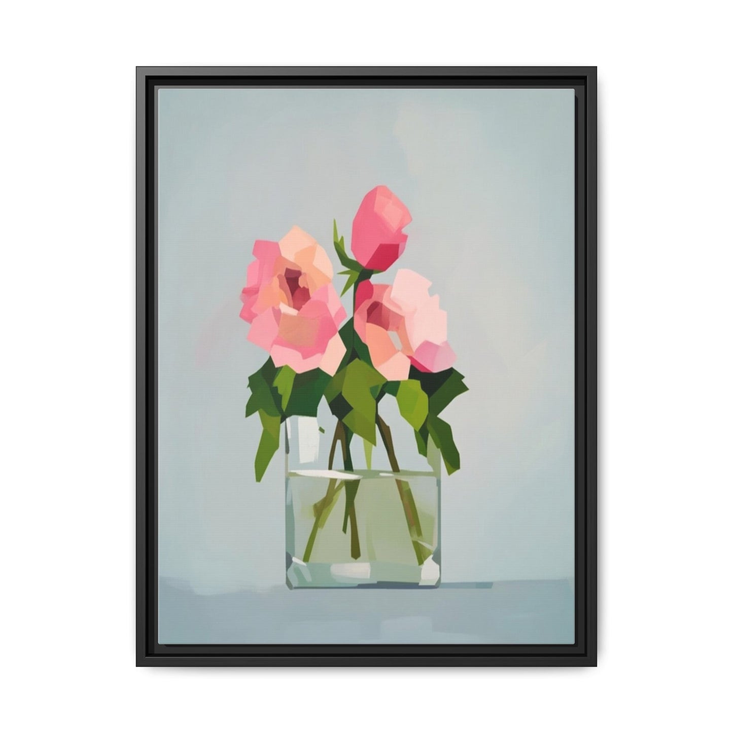 Framed Floral Canvas Print — Pink Roses in Glass Vase (Matte)