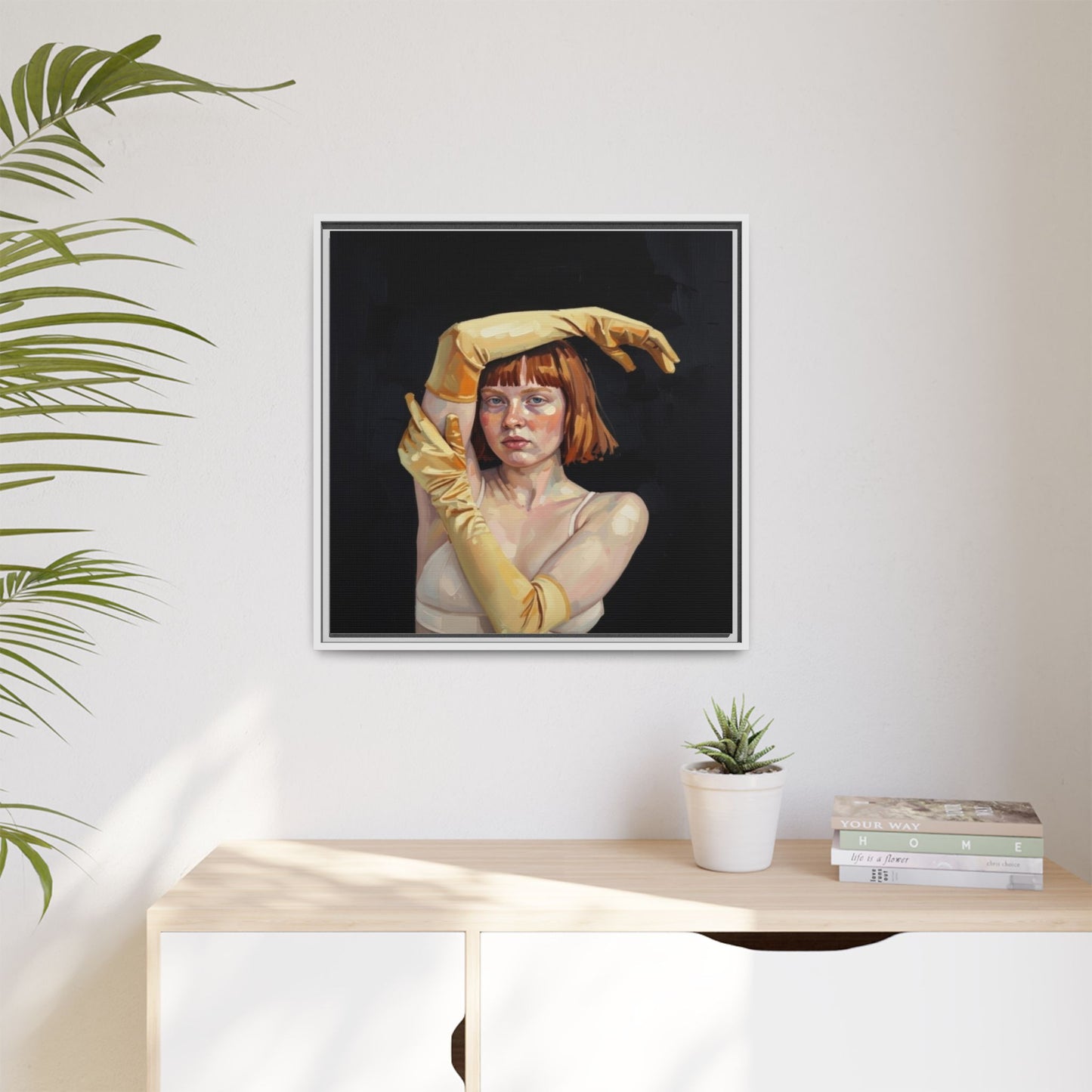 Framed Matte Canvas Art – Portrait of Woman in Yellow Gloves