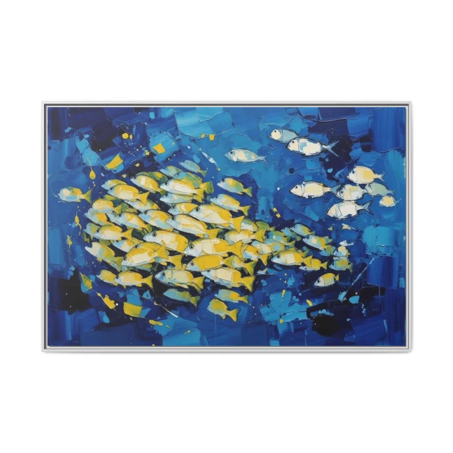 Framed Matte Canvas: Blue School of Fish Wall Art