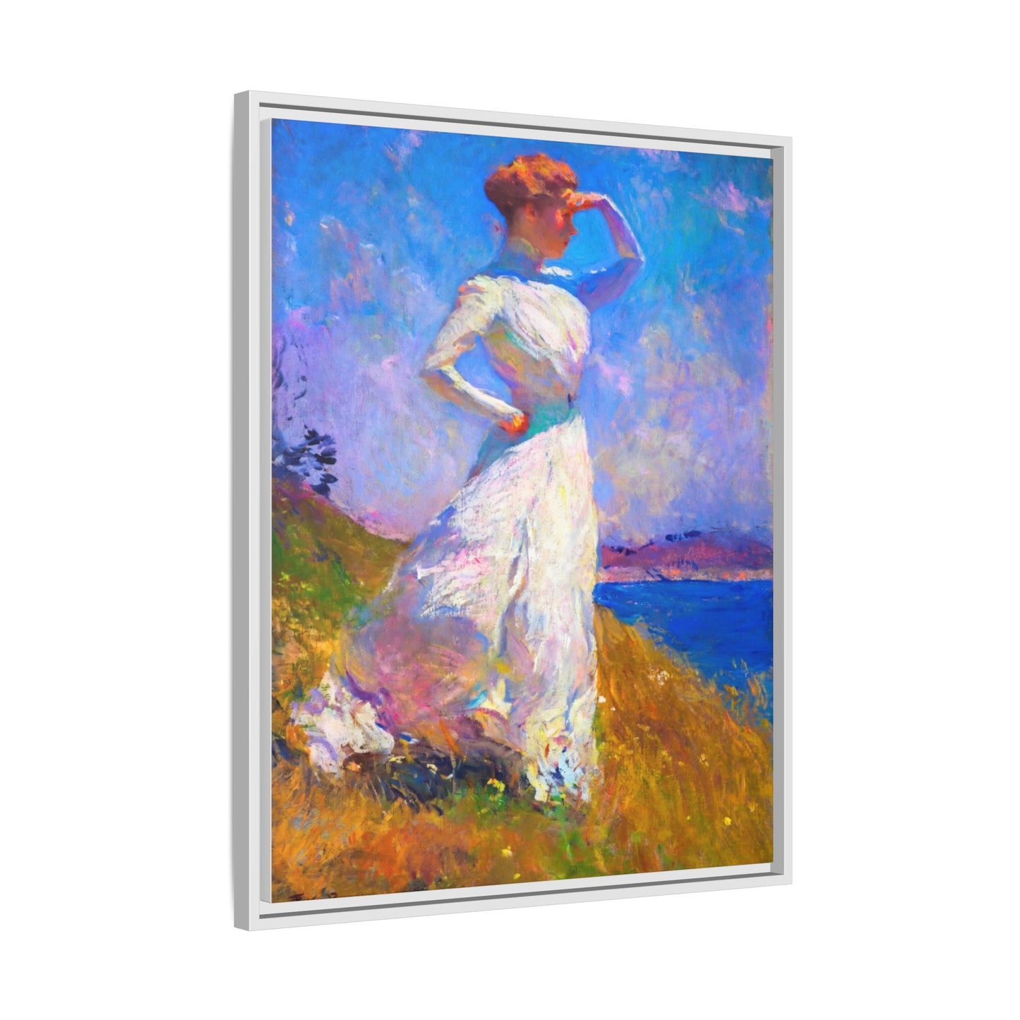 Framed Matte Canvas Art - Woman in White Seaside Impressionist Print
