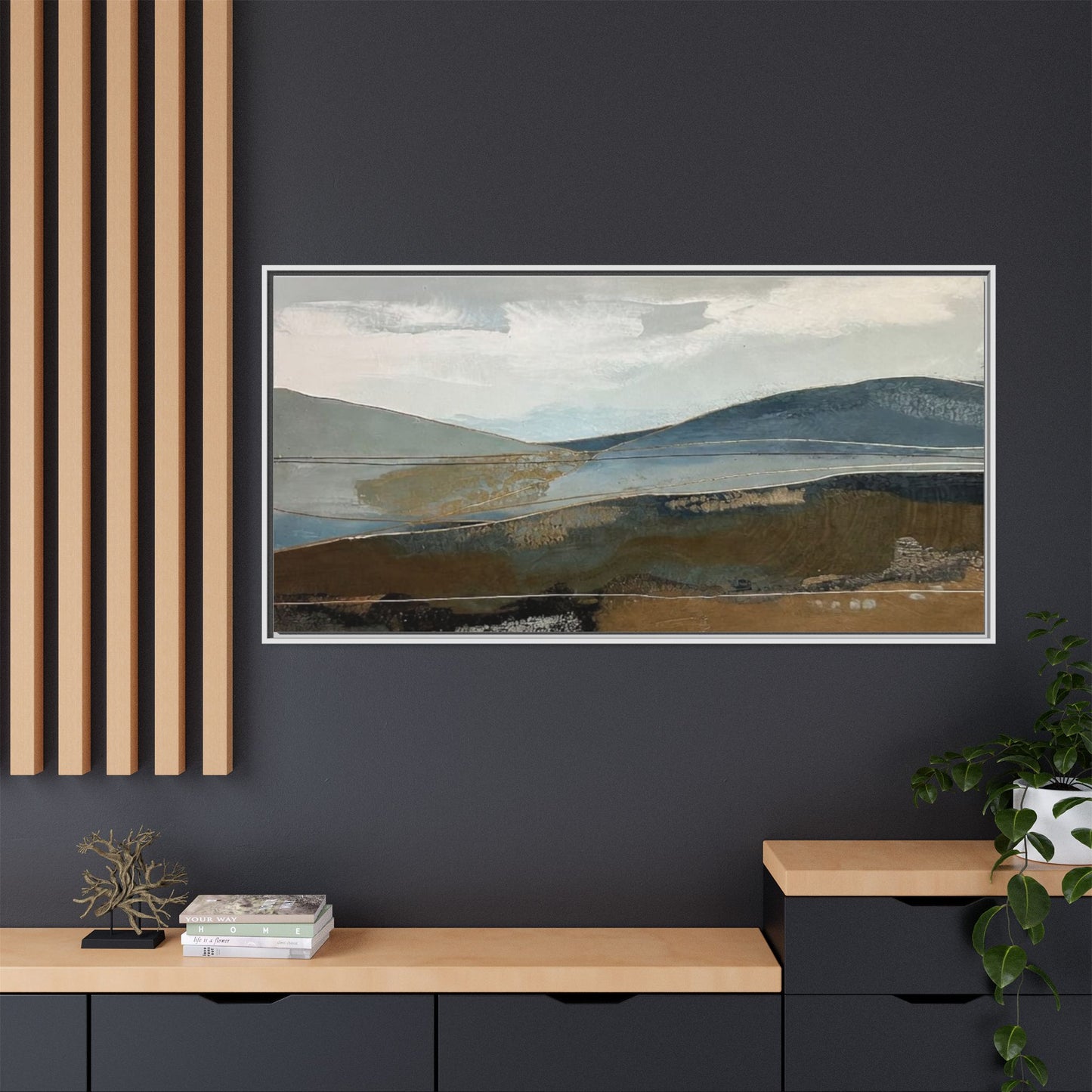 Framed Matte Canvas Landscape Art - Serene Abstract Hills in Blue & Earth Tones