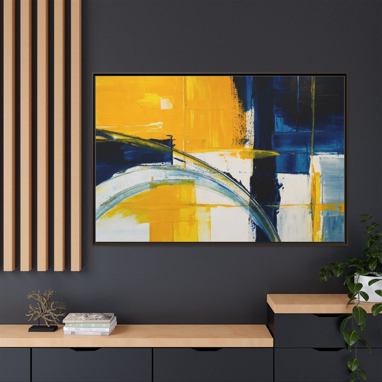 Abstract Yellow & Blue Framed Canvas Wall Art — Modern Matte Canvas Print