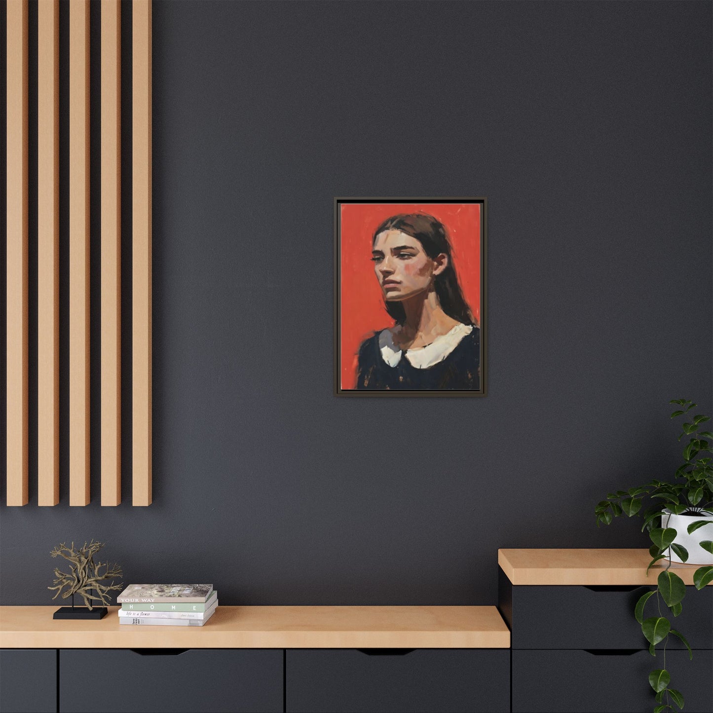 Framed Matte Canvas Portrait Print — Moody Red Figurative Art