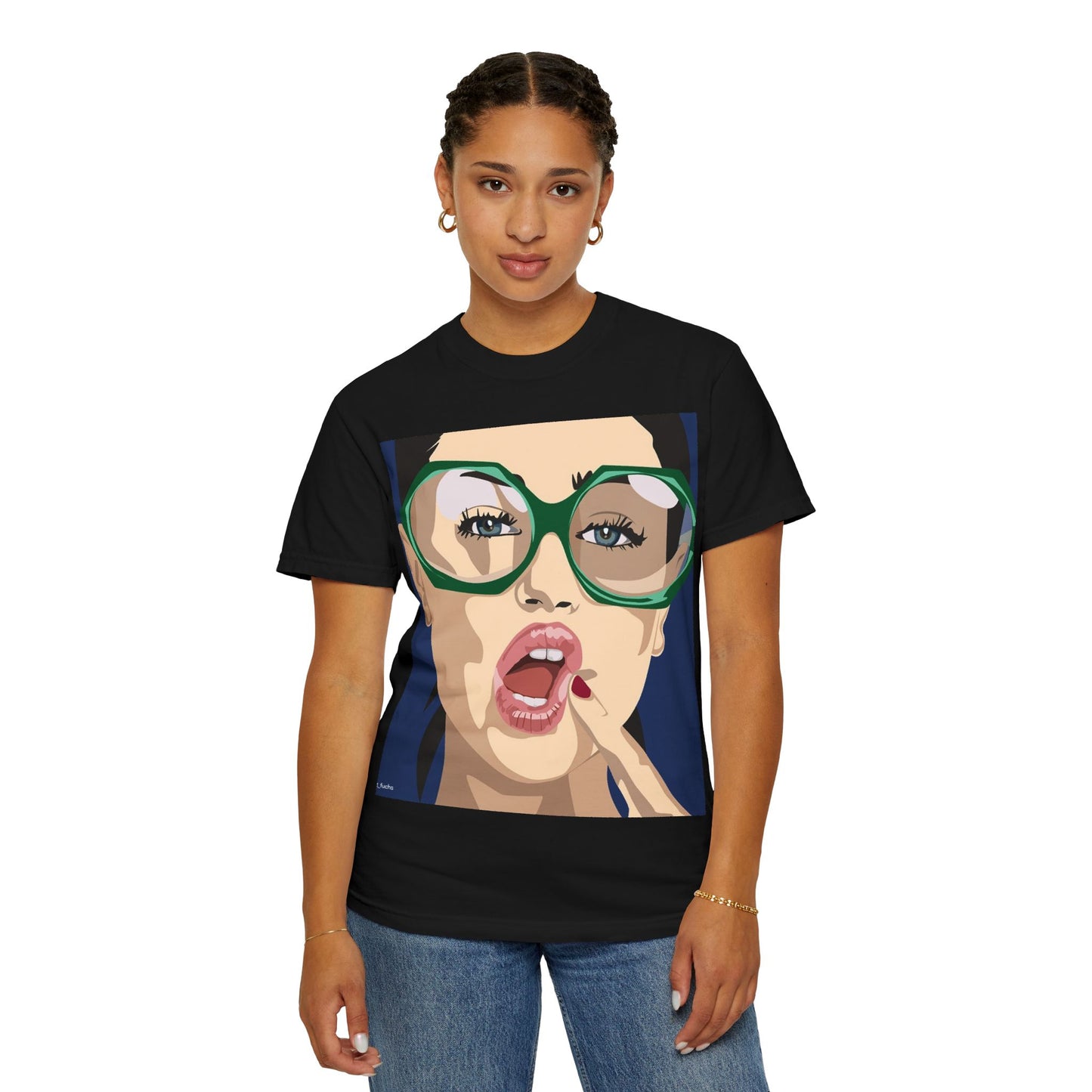 Pop Art Woman Graphic T‑Shirt — Retro Chic Green Glasses Design