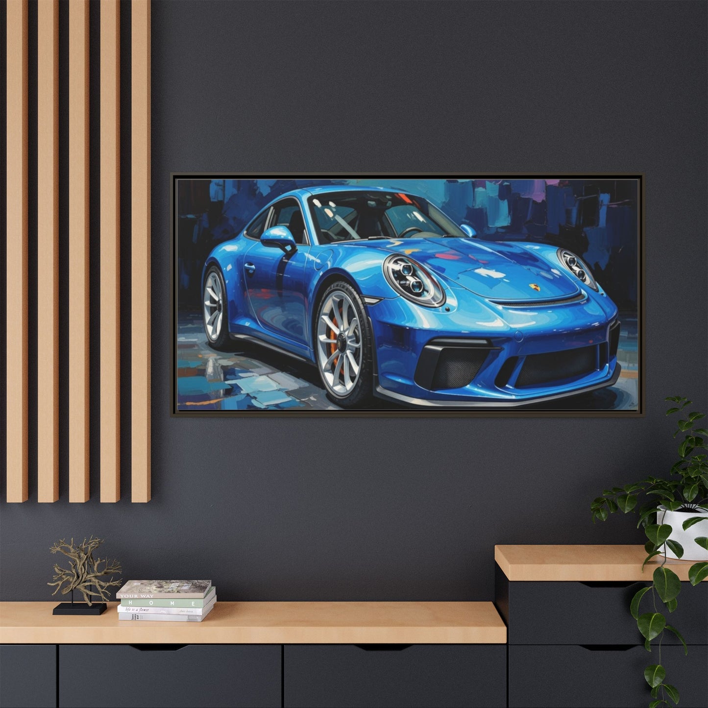 Blue Sports Car Matte Canvas Framed Print — Modern Automotive Wall Art