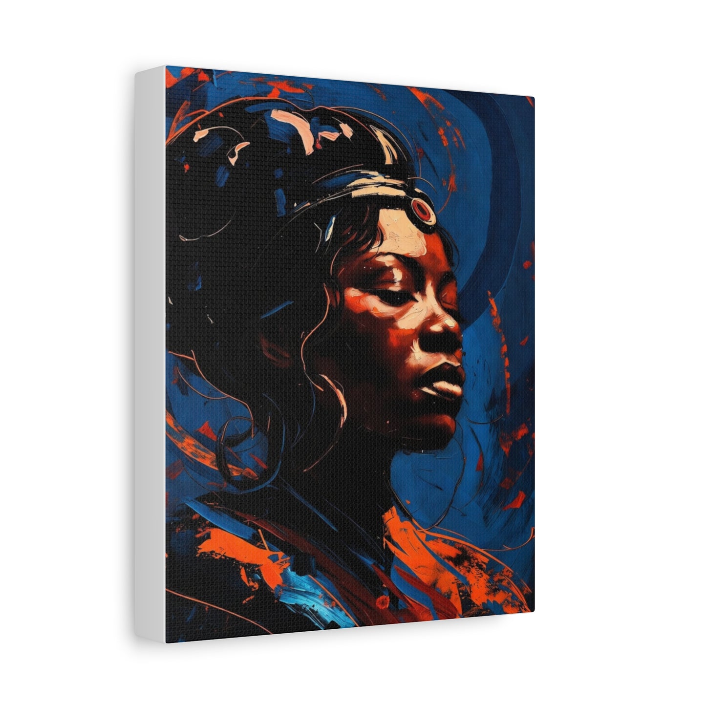 Regal Afrocentric Portrait Matte Canvas Art – Vibrant Blue & Orange Stretched Wall Decor