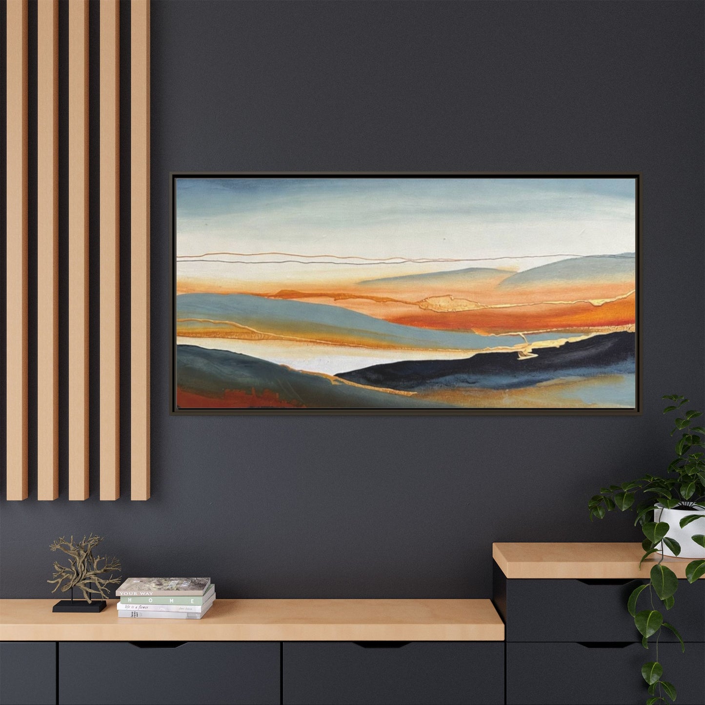 Framed Matte Canvas: Abstract Coastal Sunset Landscape Wall Art