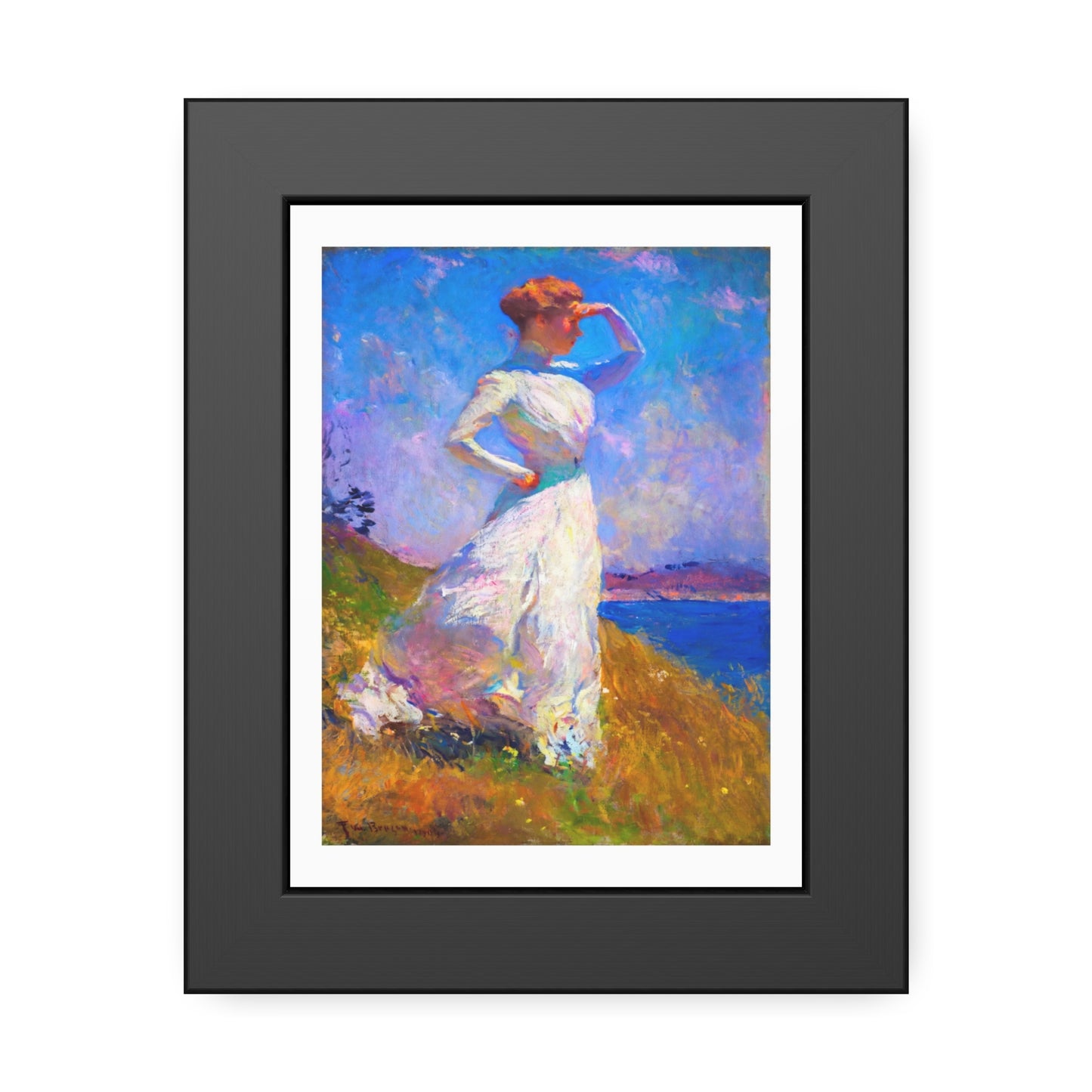 Coastal Impressionist Framed Poster — Woman in White Seaside Art Print