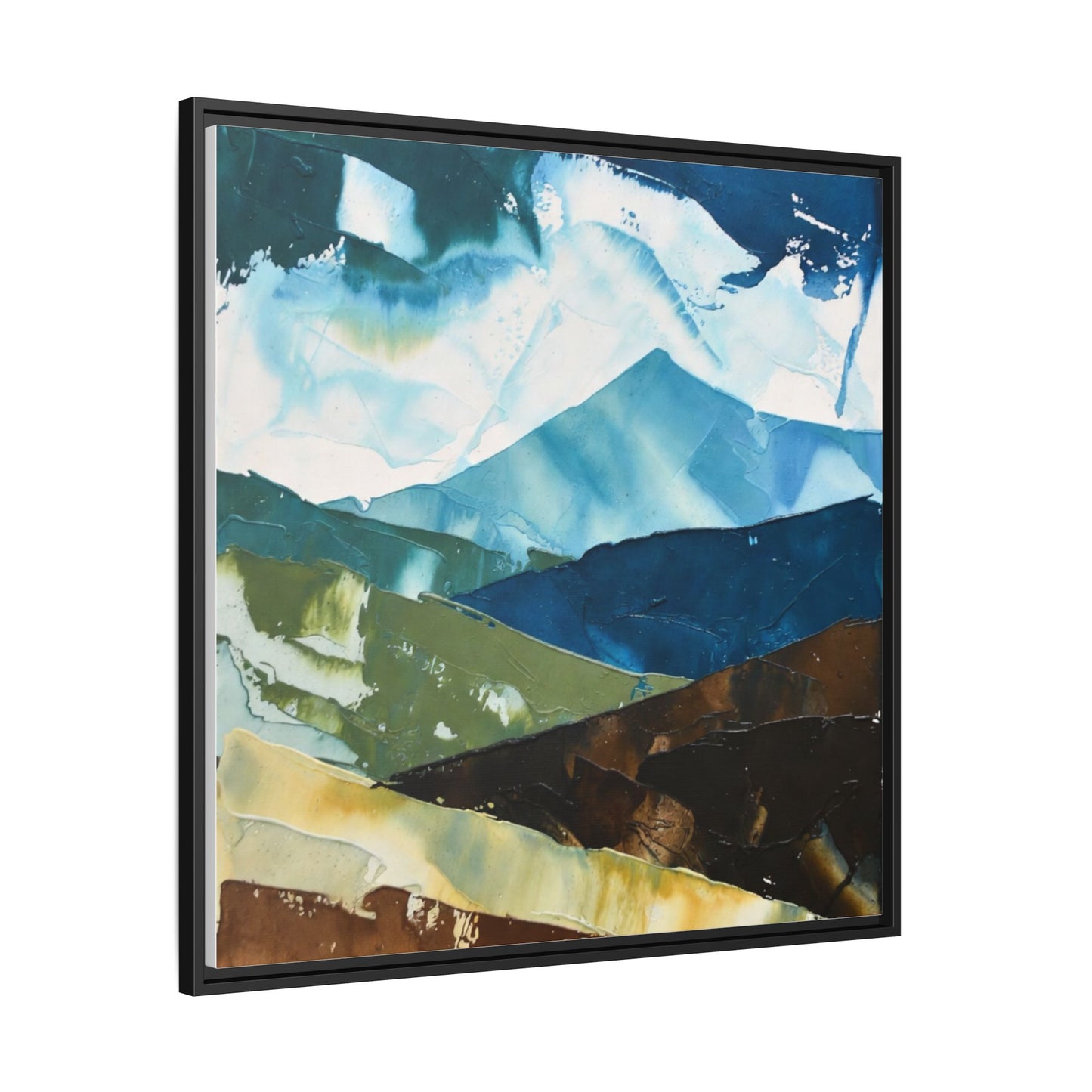 Framed Abstract Mountain Canvas Art — Blue & Earthtone Landscape Print