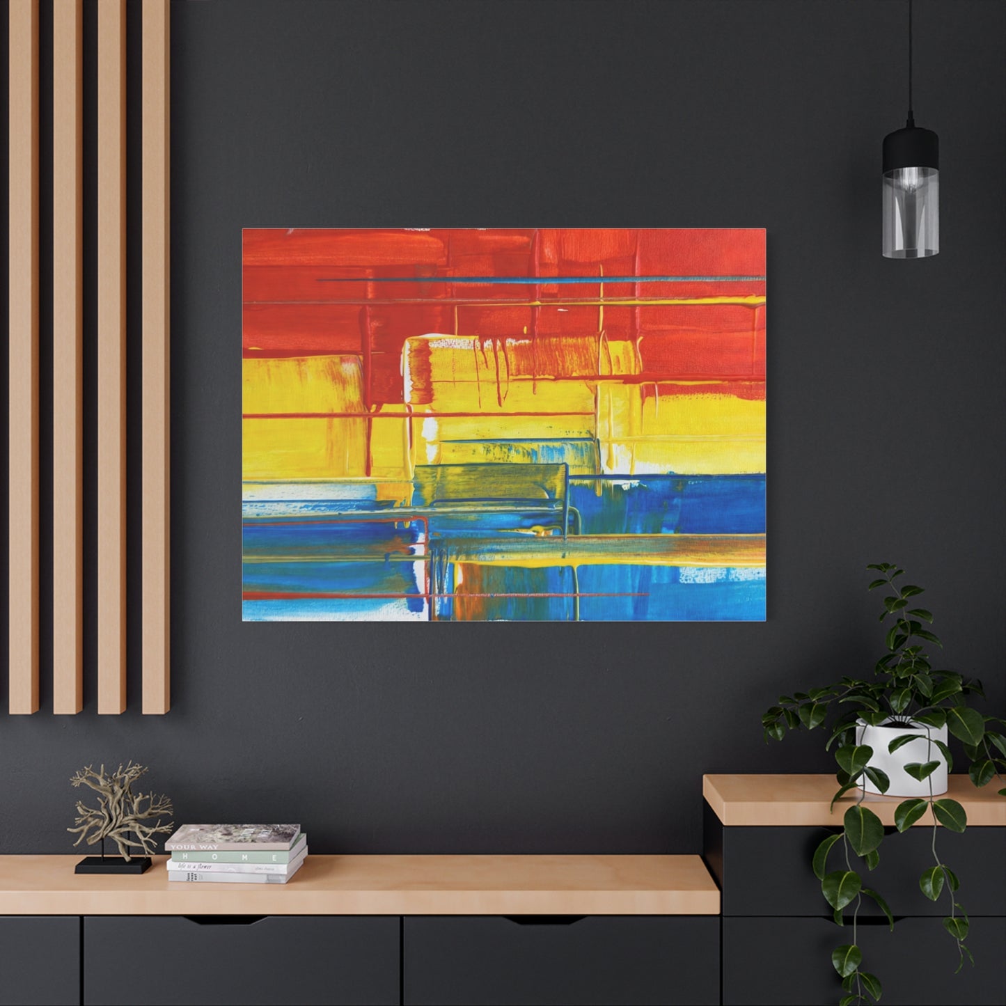 Abstract Color Block Canvas Print — Vibrant Red, Yellow & Blue Stretched Wall Art