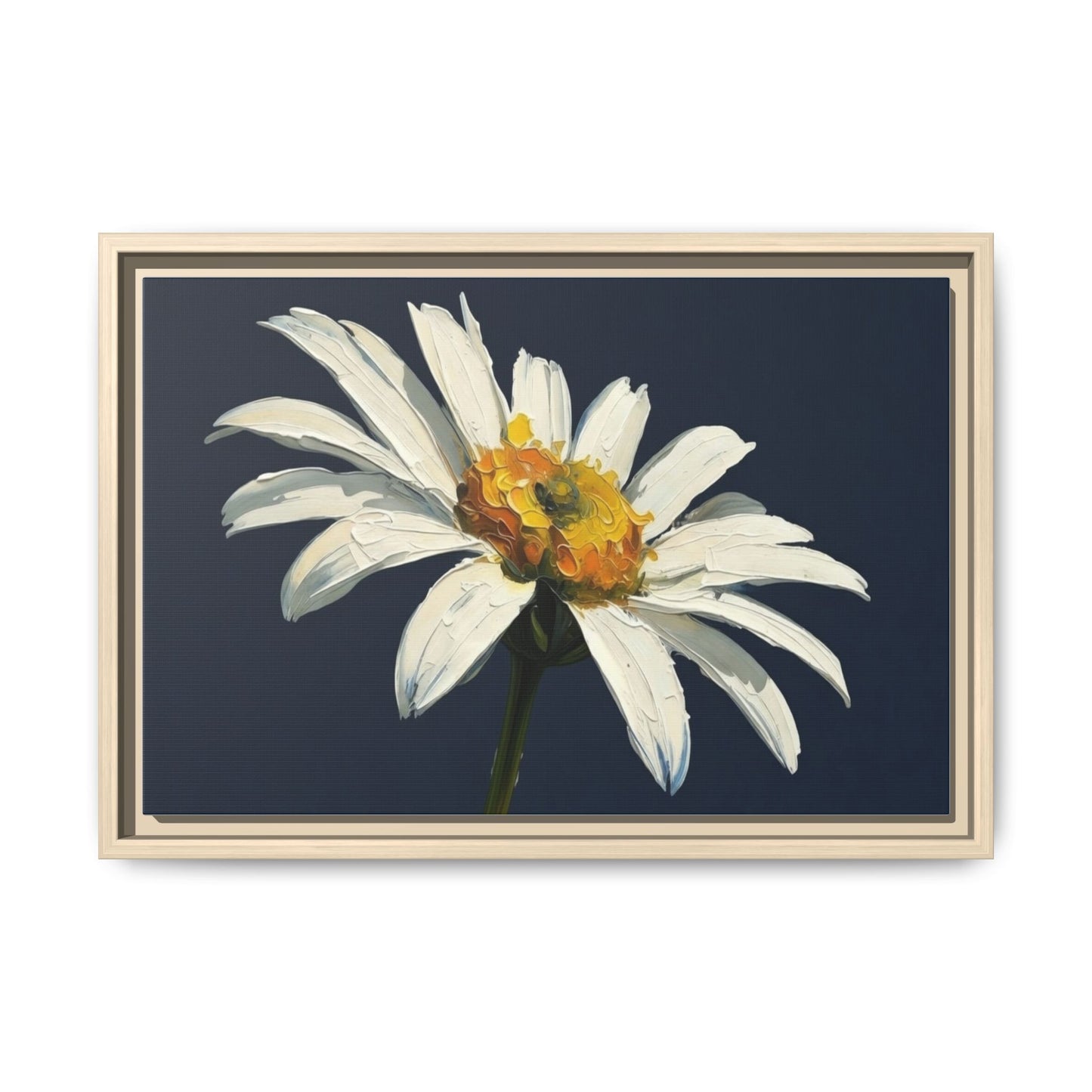 Framed Matte Canvas Daisy Wall Art — White Floral Painting on Navy