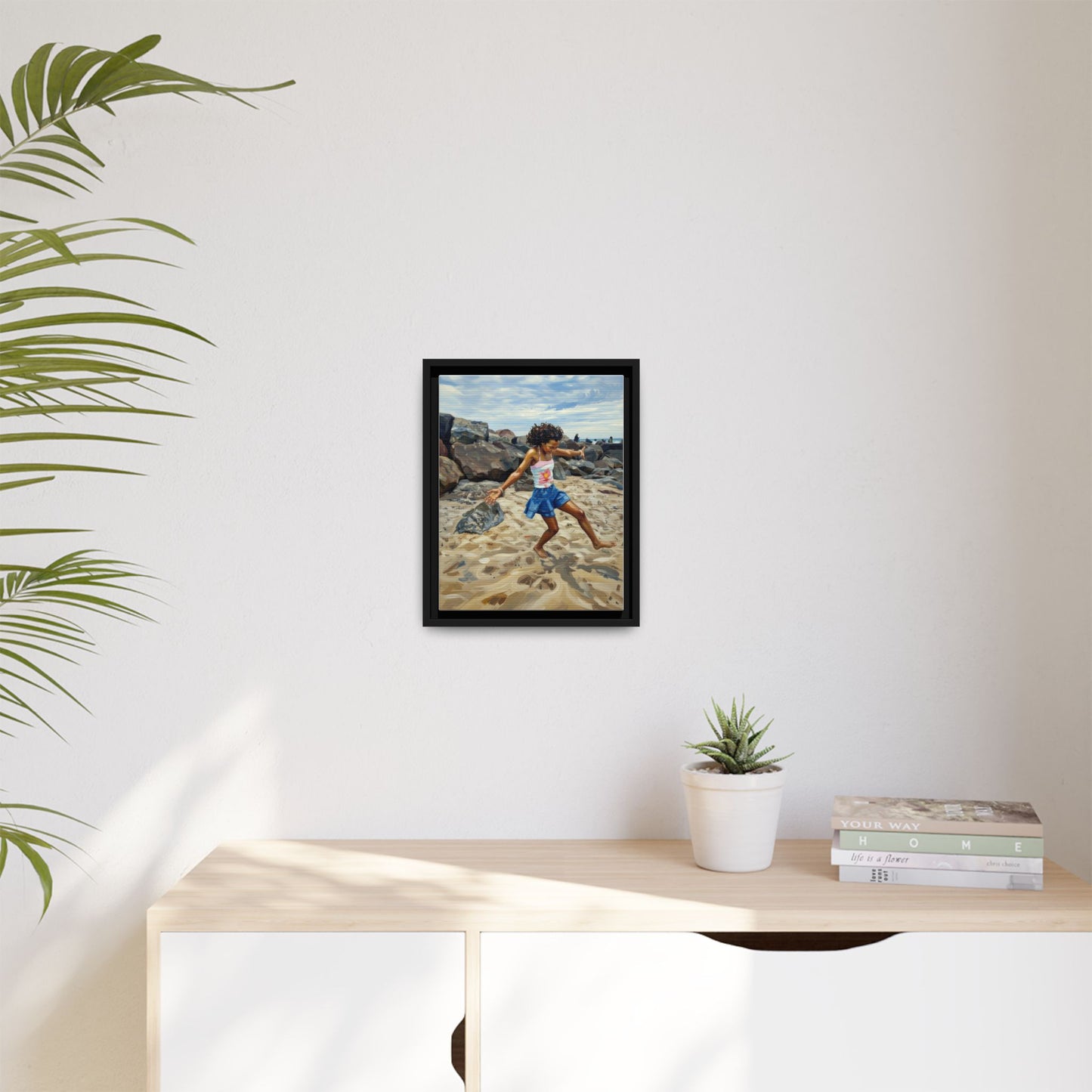 Framed Canvas Art - Girl Dancing on the Beach (Matte Multi-Color)