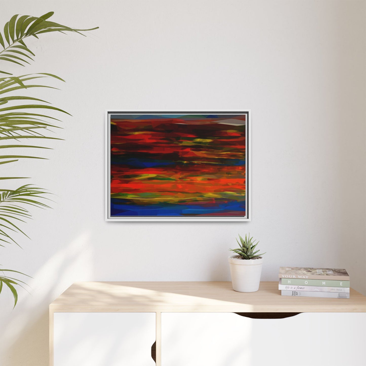 Abstract Multi-Color Matte Canvas Framed Wall Art — Bold Red & Blue Modern Painting