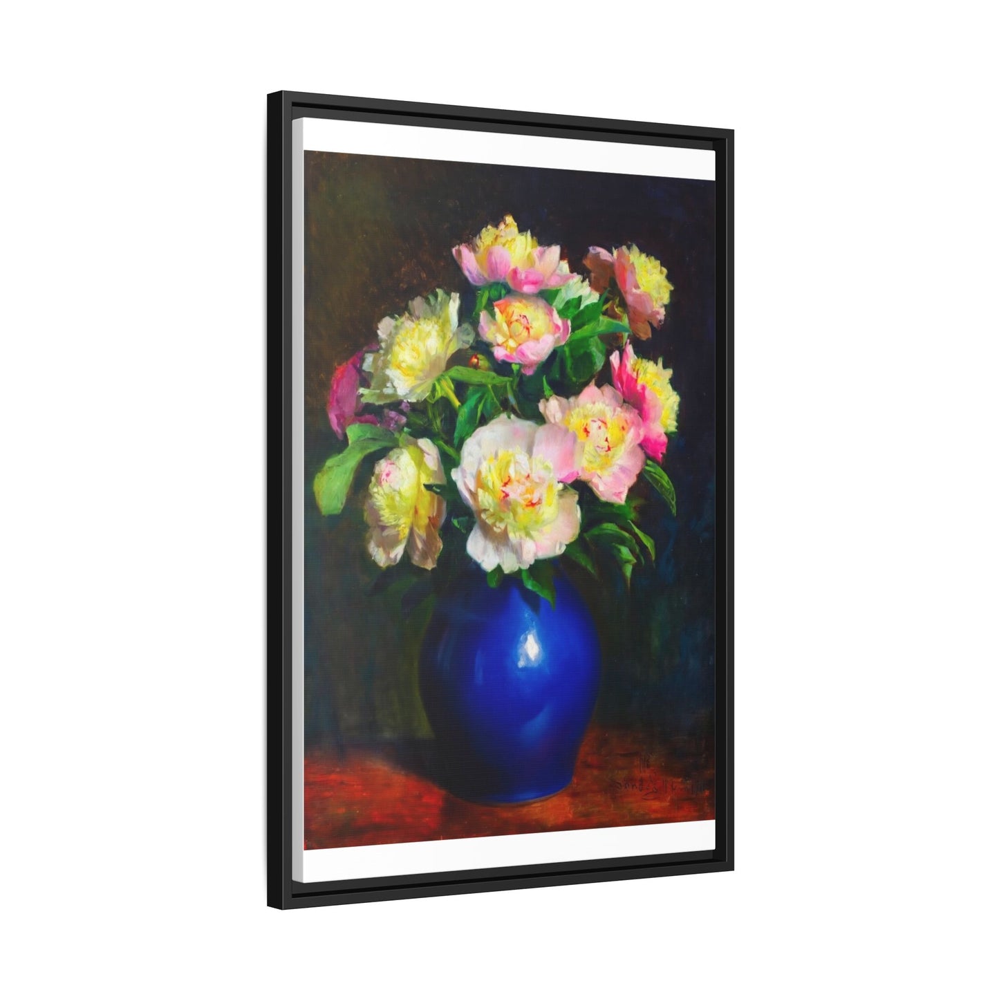 Framed Matte Canvas Wall Art — Vintage Floral Bouquet in Blue Vase