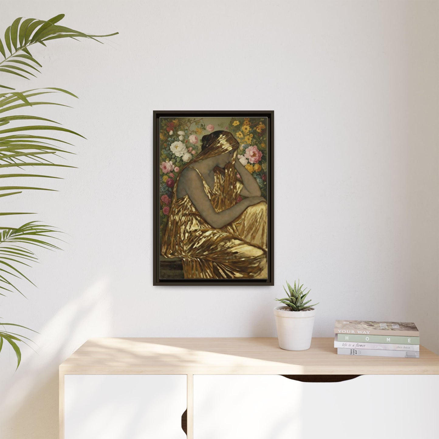 Framed Canvas Art Print — Golden Muse Woman with Floral Background