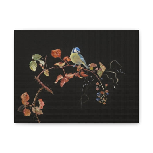 Canvas Wall Art - Blue Tit on Autumn Branch, Stretched Matte Canvas