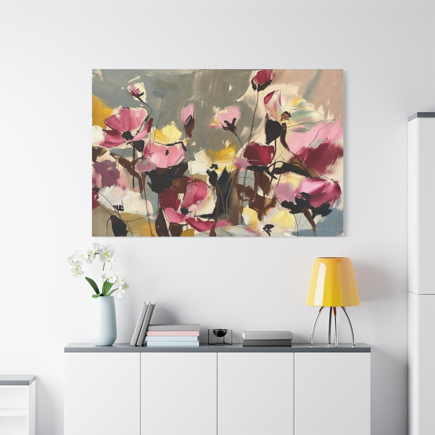 Floral Abstract Canvas Wall Art — Pink & Yellow Bloom Stretched Matte Print