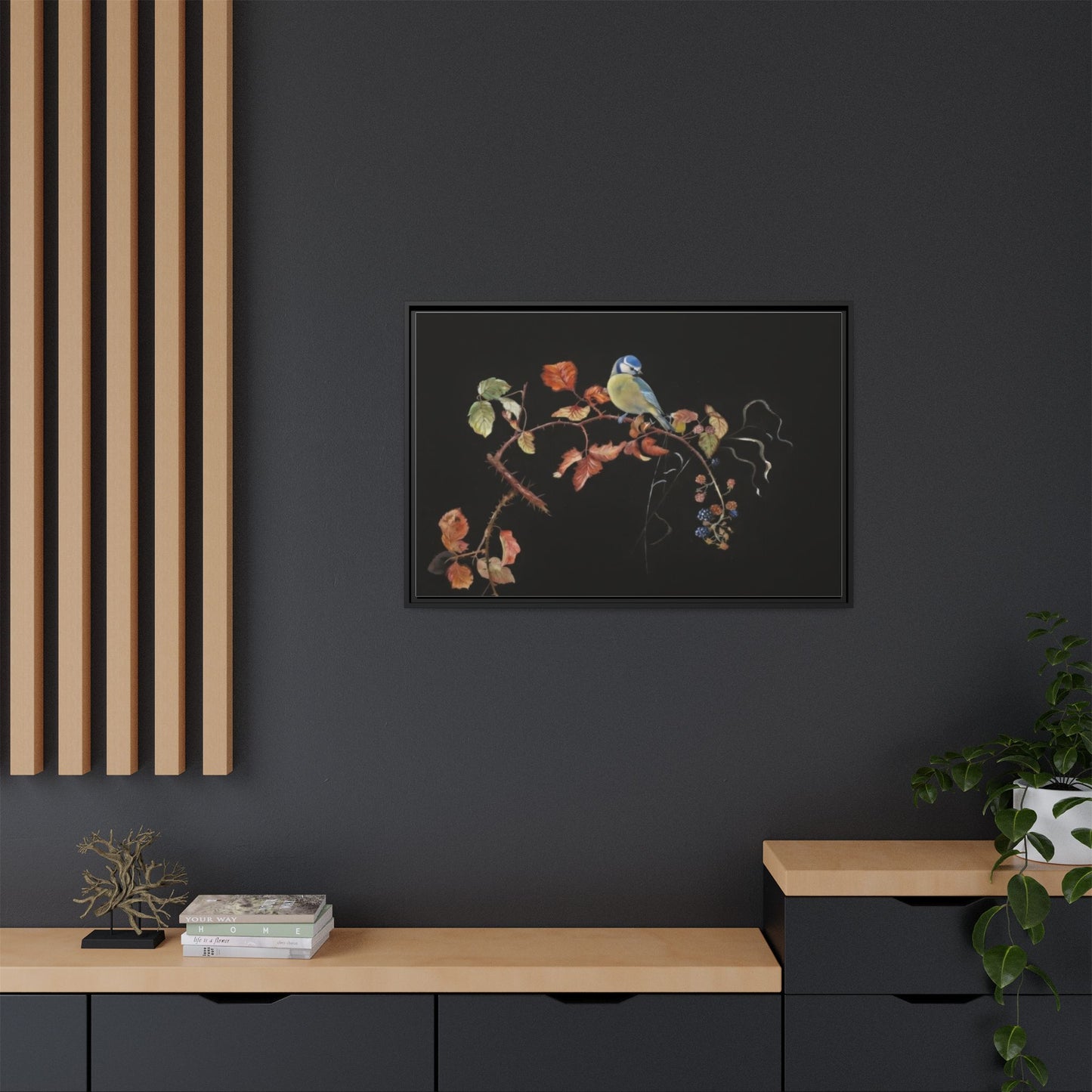 Framed Matte Canvas - Blue Tit on Autumn Branch Wall Art