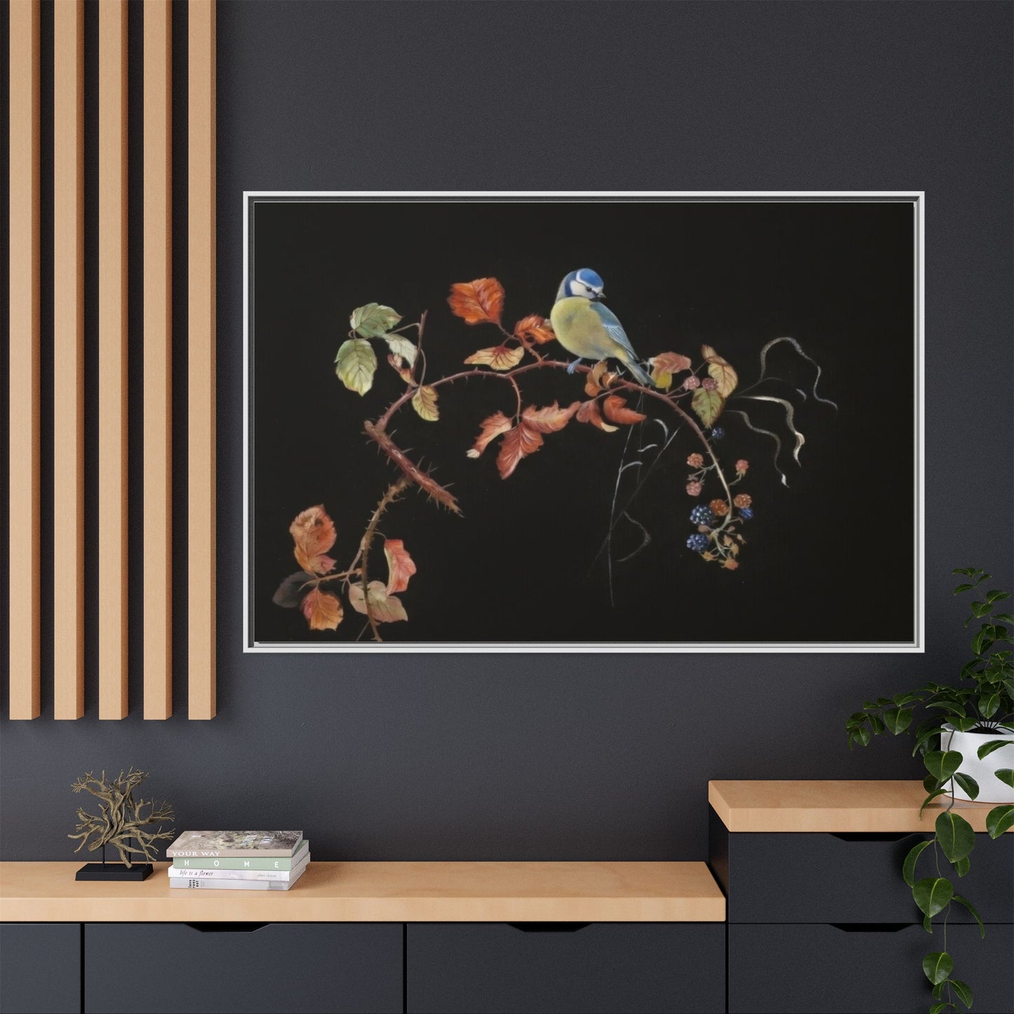 Framed Matte Canvas - Blue Tit on Autumn Branch Wall Art