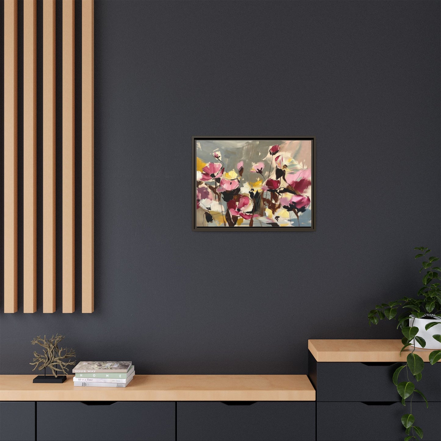 Framed Floral Canvas Wall Art — Abstract Pink & Yellow Flowers