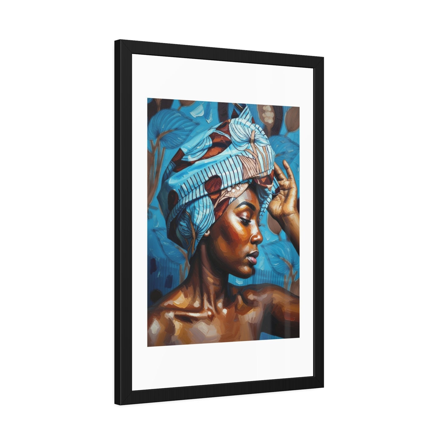 Framed Art Print — Portrait of Woman with Blue Headwrap (Gallery Wall Decor)