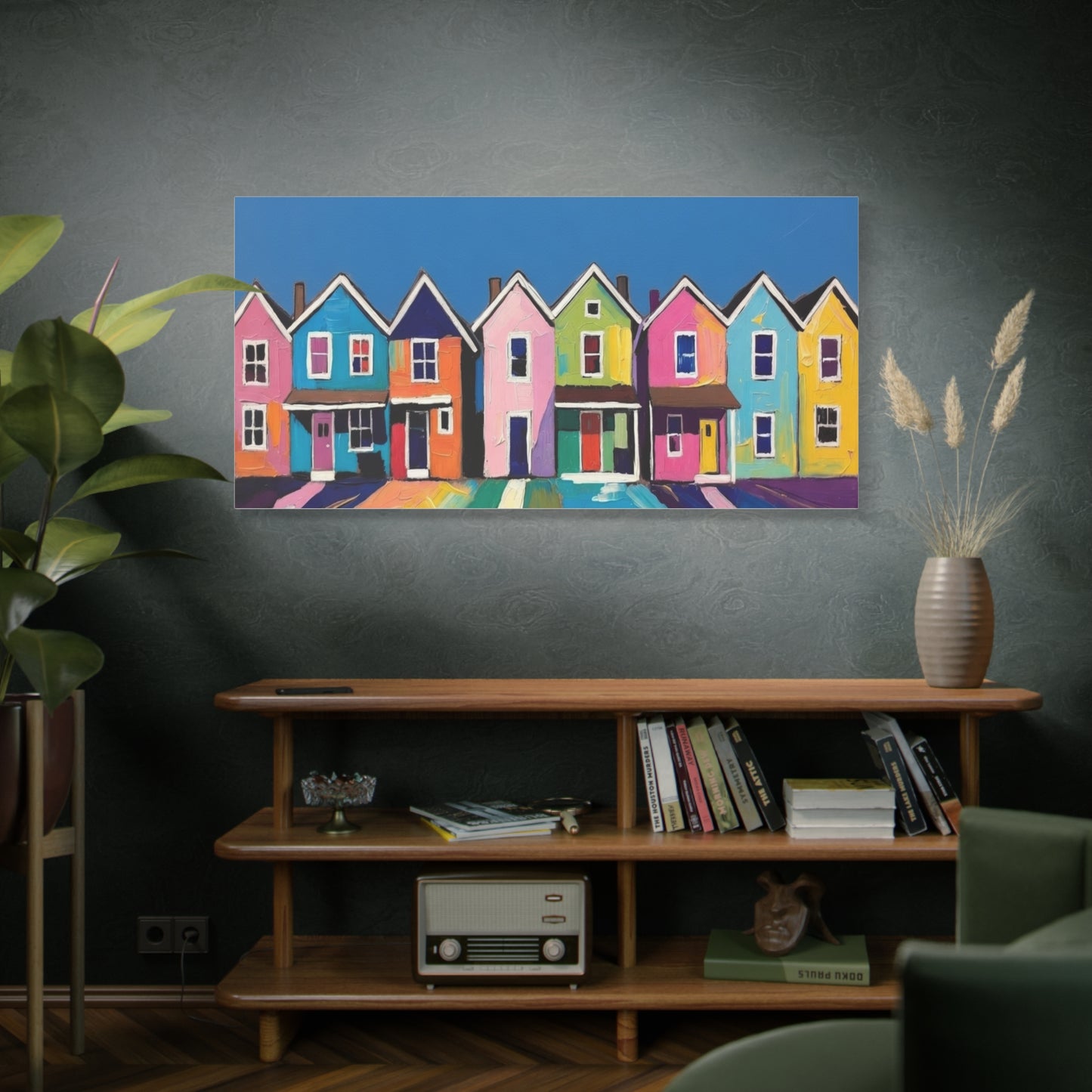 Colorful Row Houses Matte Canvas Print Vibrant Coastal Neighborhood Wall Art