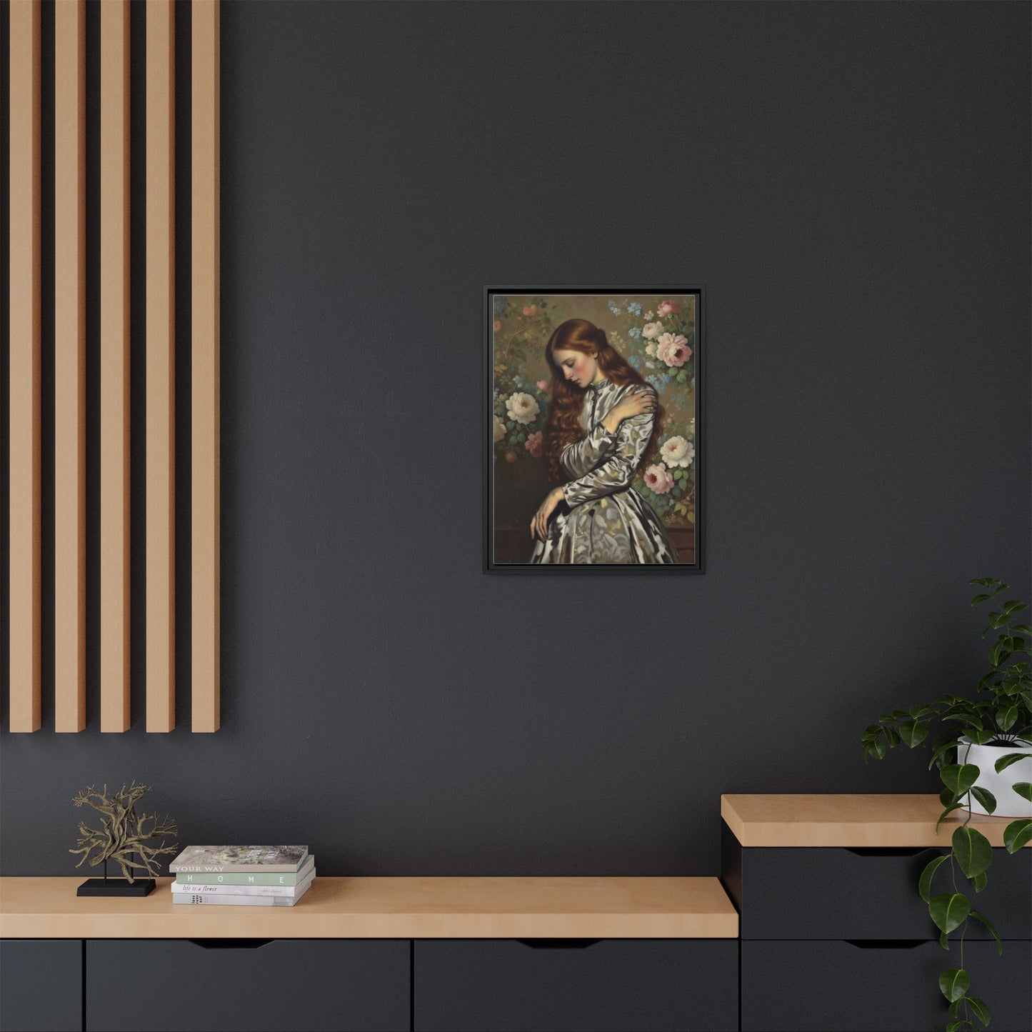 Framed Matte Canvas Art — Vintage Floral Portrait of a Young Woman